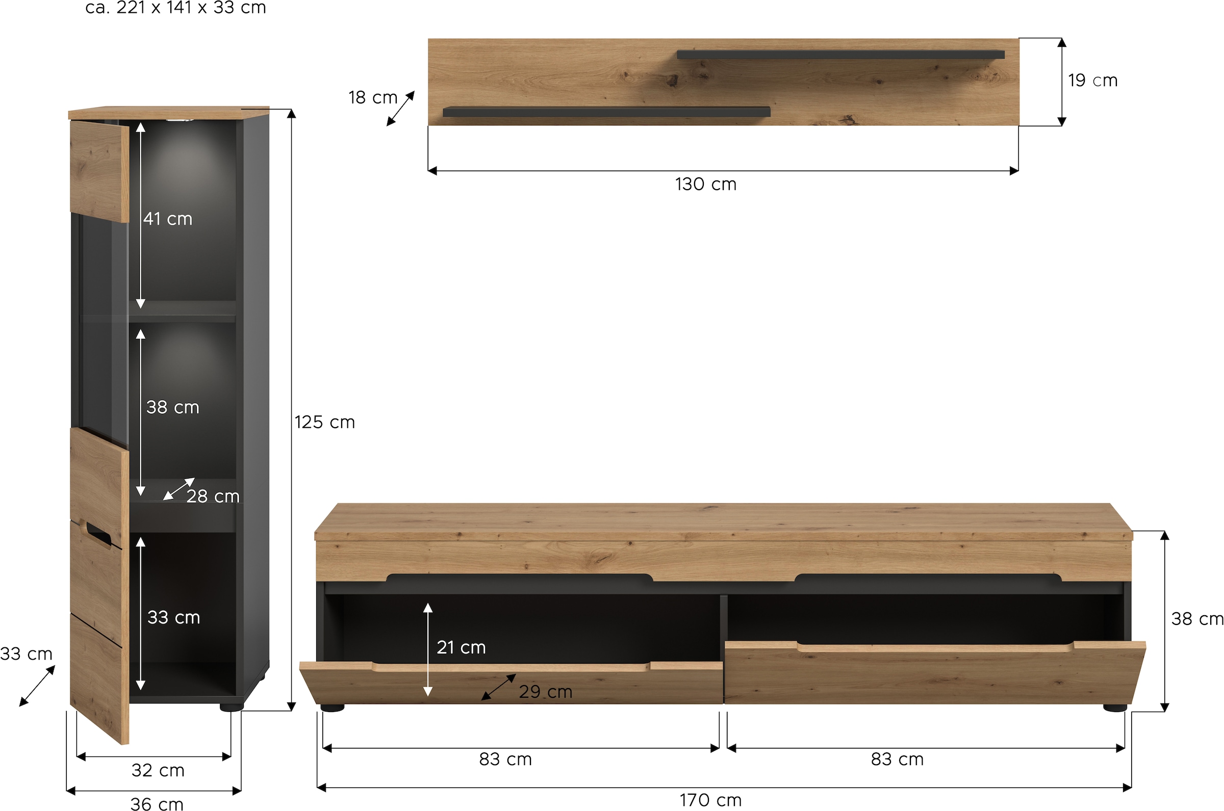 Home affaire Meuble mural »REHAT, TOPSELLER!, 3-teilig, inkl. Beleuchtung, stehend oder hängend« Set bestehend aus: Vitrine inkl. Beleuchtung, Lowboard und Wandboard, 3 cuis tlg.