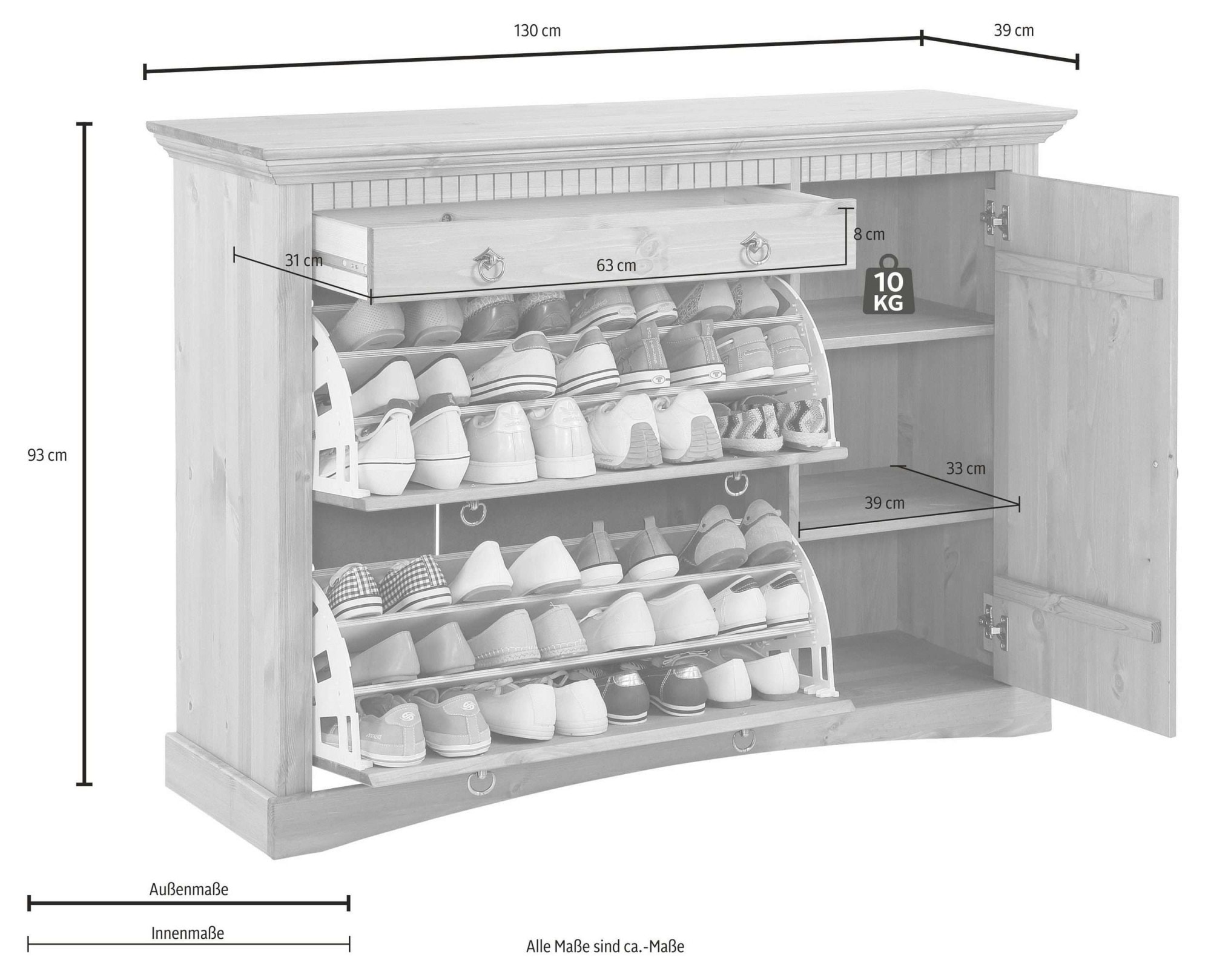 GOODproduct Schuhkommode »Rustic, Kommode, Landausstil« Bis max. Schuhgrösse 42,  aus massiver Kiefer, Breite 130 cm, für ca. 2 x 12 Paar Schuhe