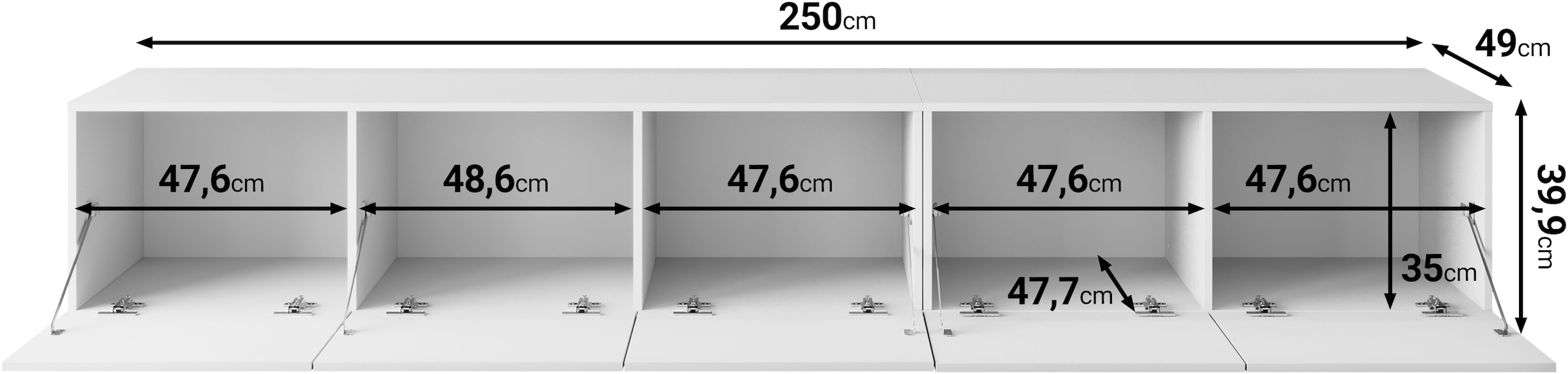 GOODproduct Lowboard »Denver 250 cm für bis zu 98-Zoll TVs - Weltmeisterschaft im XXL Format« Wahlweise mit oder ohne offenes Fach in der Mitte