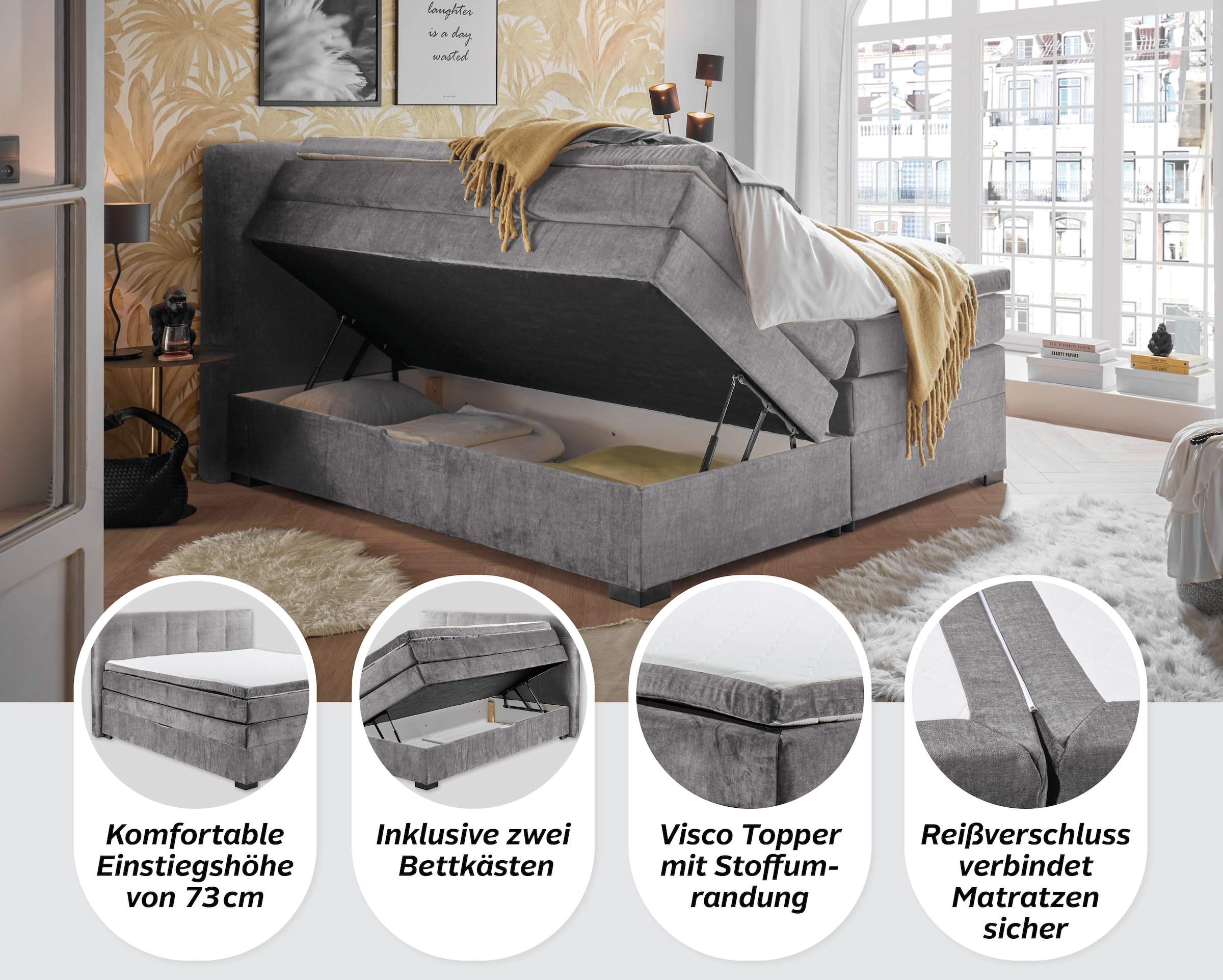 ED EXCITING DESIGN Lit boxspring »Fanes mit Komforteinstiegshöhe von 73cm« erhältlich in 180x200cm, inkl. Bettkasten und 7cm Visco-Topper