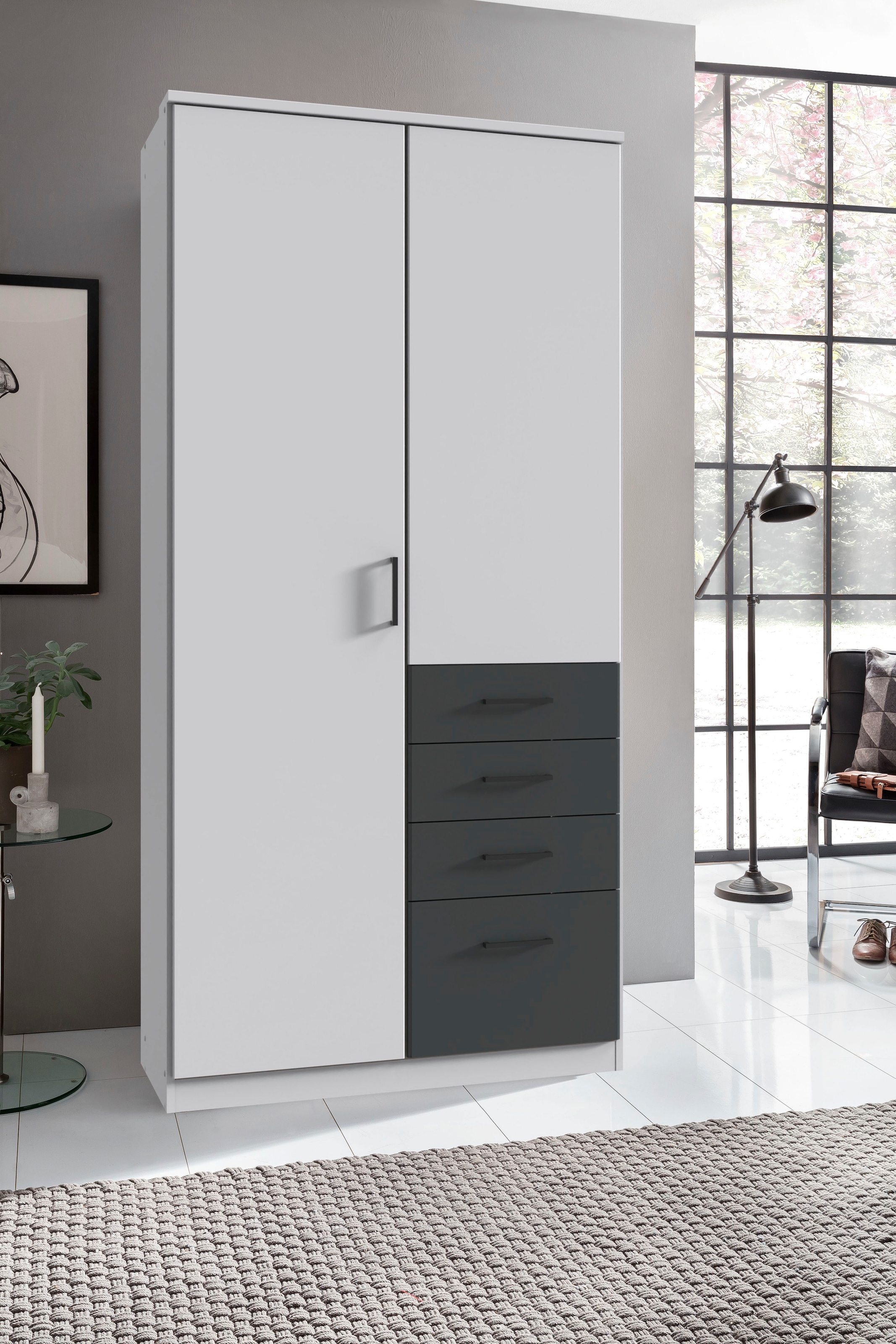 Wimex Armoires à vêtements »Cottbus, in weiss oder grau modern kombiniert mit graphitfb.Schubladen« in 3 Grössen, schwarze Griffe, Made in Germany,  mit 4 Schubladen, wahlweise mit oder ohne Spiegel