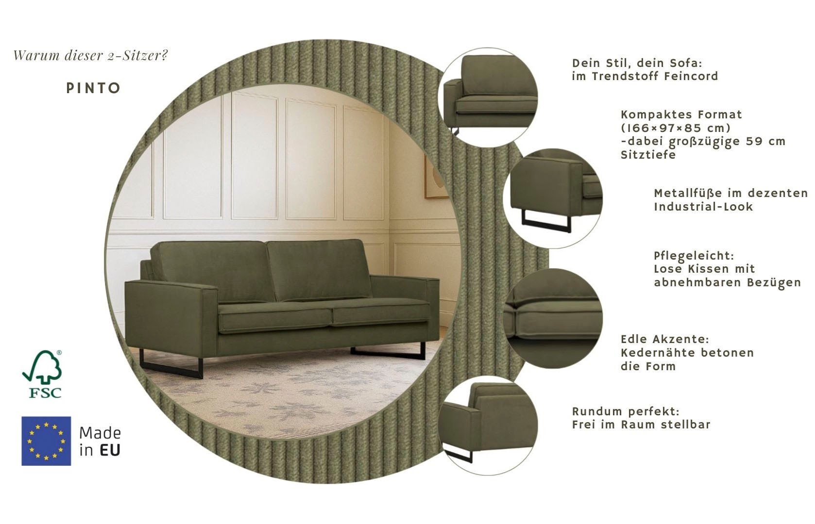 Home affaire 2-places »Pinto, 166 cm, Cord, Chenille, Lederoptik« avec jonc, pieds métalliques noirs, suspension à ressorts ondulés