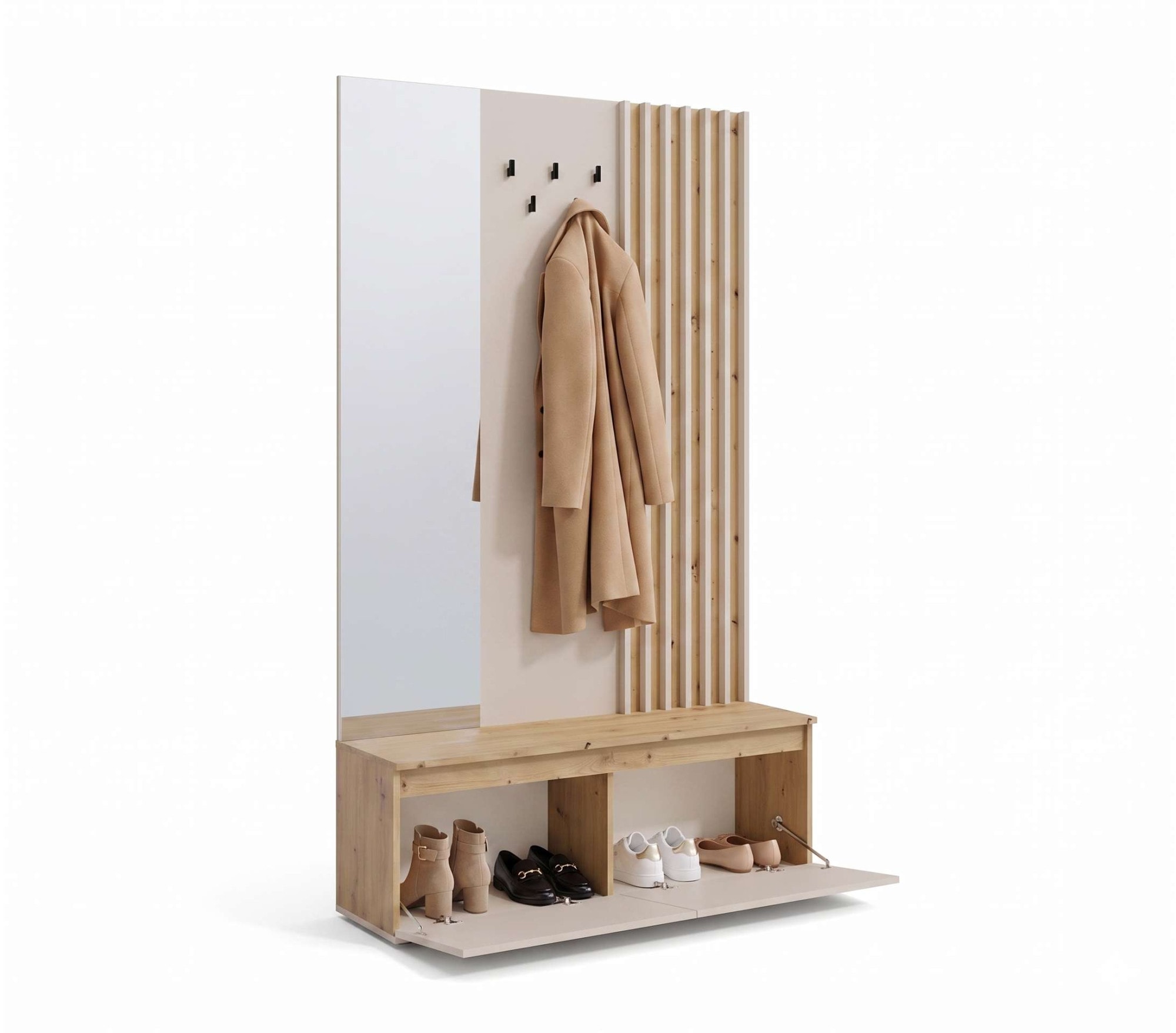 Home affaire Panneau de vestiaire »LANDUVA Garderobe mit Schuhschrank, Spiegel und Haken, Breite 120 cm« Ensemble de vestiaire, vestiaire compact, avec banc, design à lamelles