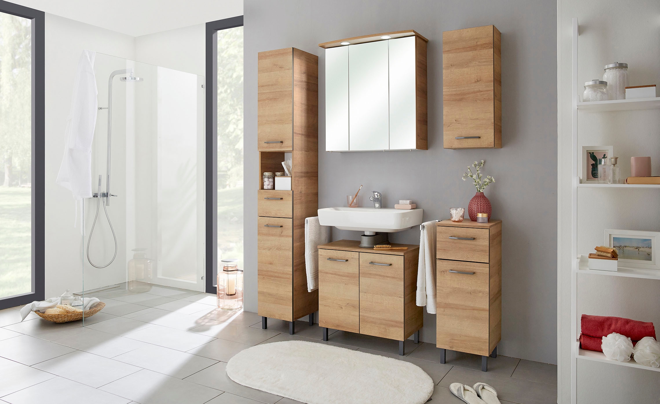 Saphir Armoire haute »Quickset 919 Badschrank, 30 cm breit, 2 Türen, Nische, 1 Schublade« Armoire haute de salle de bain avec amortisseur de porte, poignées grises