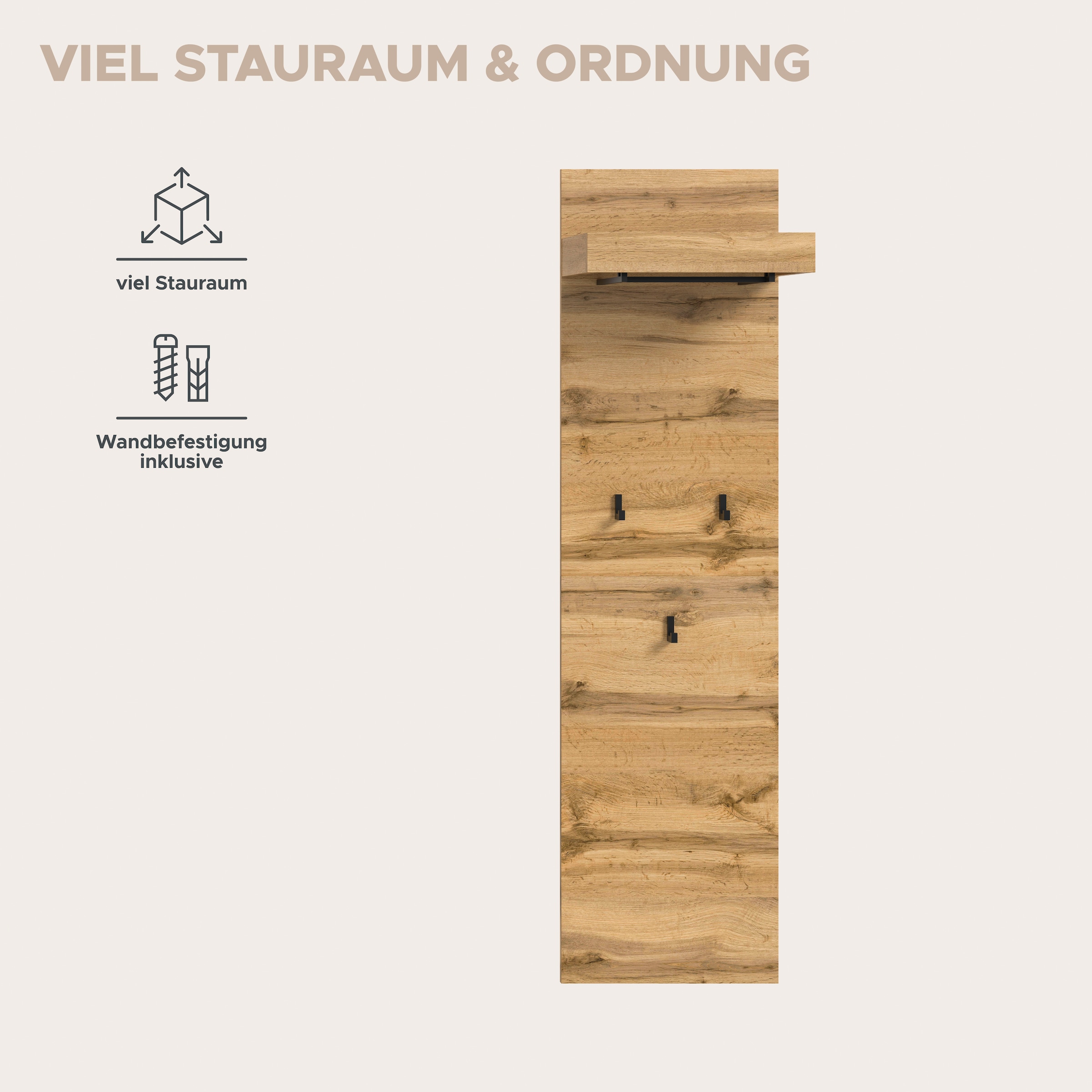 GOODproduct Garderobenpaneel »MAMBO, Höhe 150cm, 3 Haken, Ablageboden, Garderobenstange« individuell mit weiteren Artikeln der Serie MAMBO kombinierbar, 1 Stk. tlg. Paneel, Garderobe, Flur, Diele, Hakenleiste