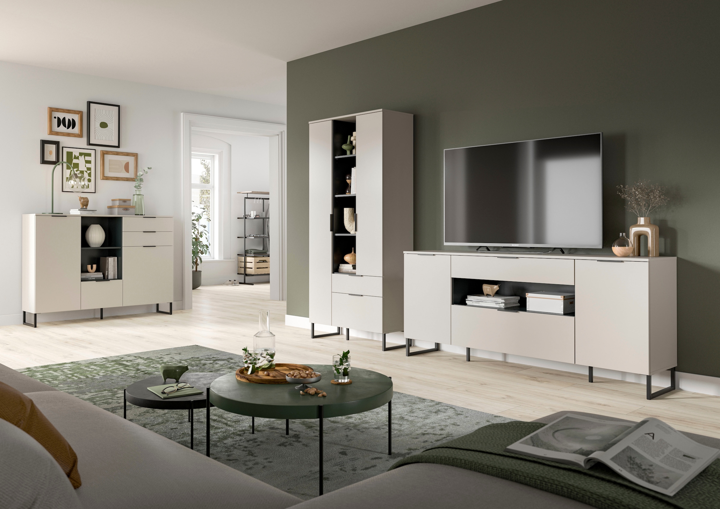 Home affaire Meuble mural »ADIO, Breite 290 cm, 2-teiliges Set, mit Metall-Kufenfüsse« Set, bestehend aus: Mehrzweckschrank und Sideboard, 2 cuis tlg.