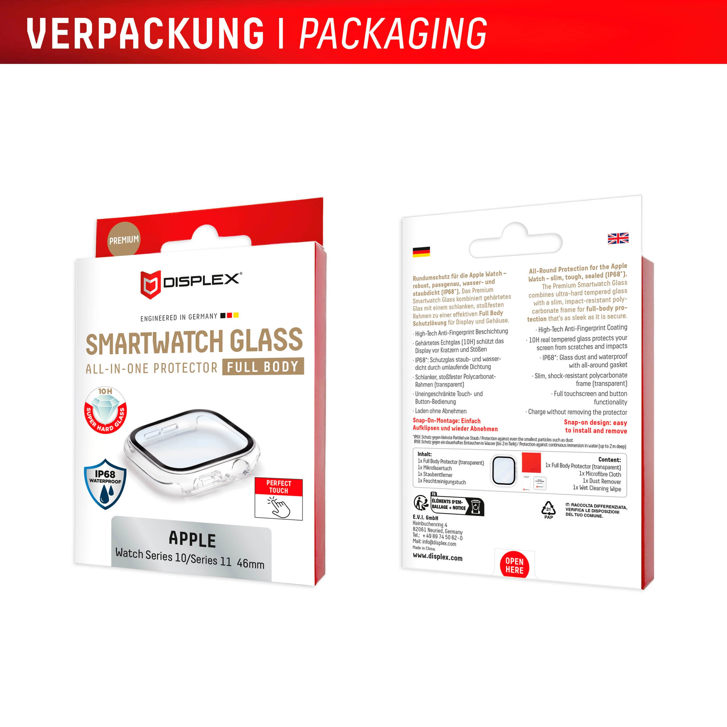 Displex Verre de protection d'écran »Smartwatch Glass All-In-One Protector Full Body« für Apple Watch Series 10 46 mm;Apple Watch Series 11 46 mm Displayschutzfolie, Schutzfolie, Bildschirmschutz, kratz- & stossfest