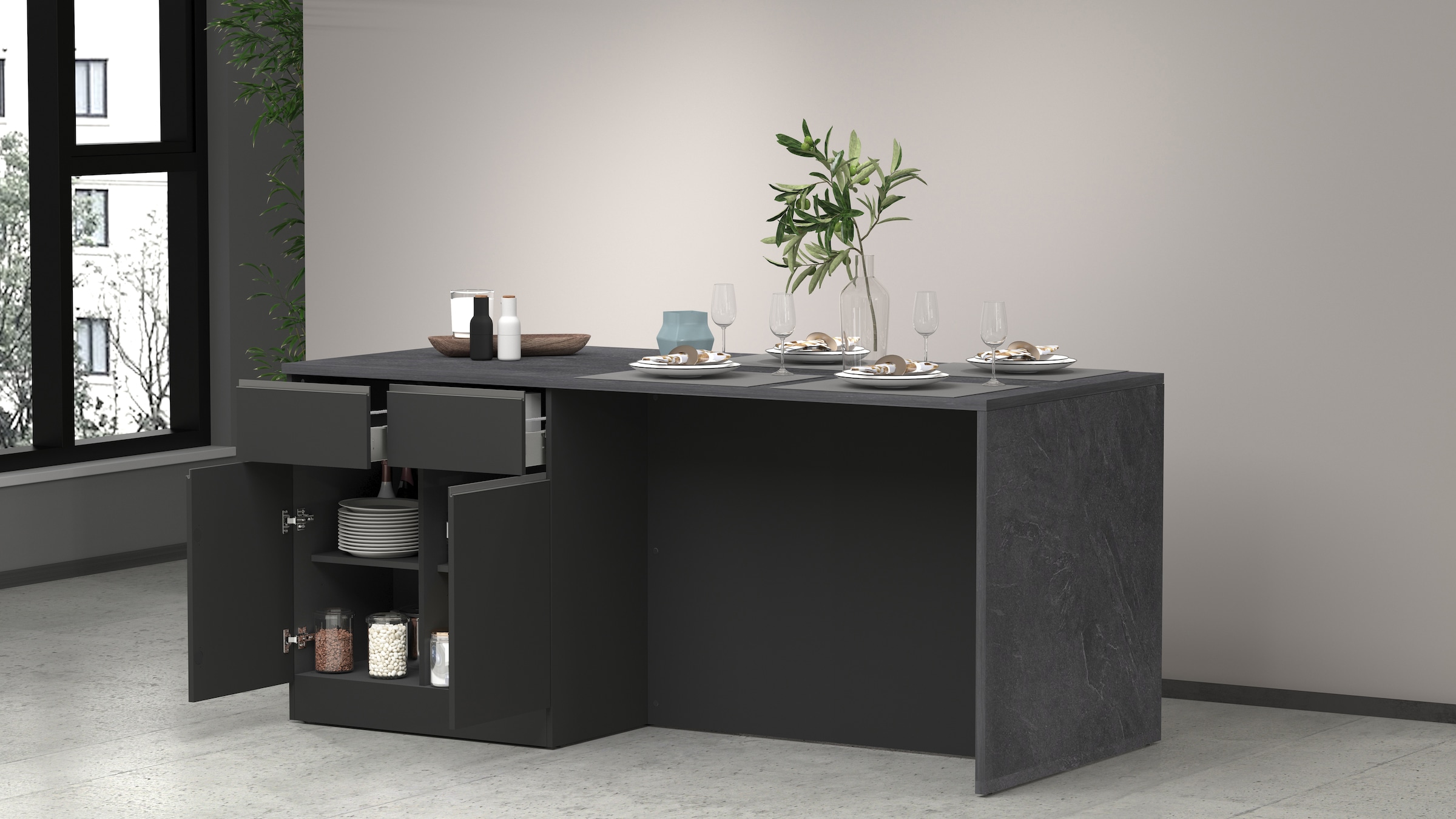 KOCHSTATION Ilot de cuisine »Sole,Kochinsel,Küchenarbeitsblock,Inselküche,Arbeitsinsel« Breite 200 cm mit 4 Türen,4 Schubkästen, Aluminiumgriff