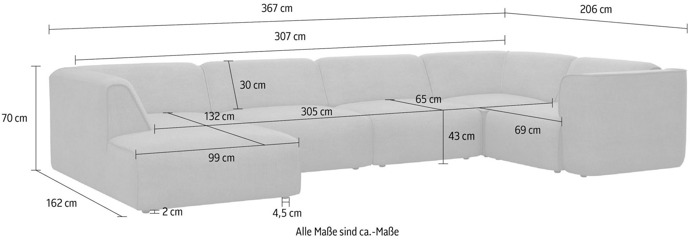 RAUM.ID Wohnlandschaft »Merid U-Form, jederzeit durch Module erweiterbar, B/T/H: 367/206/70 cm« als Modul oder separat verwendbar, für individuelle Zusammenstellung