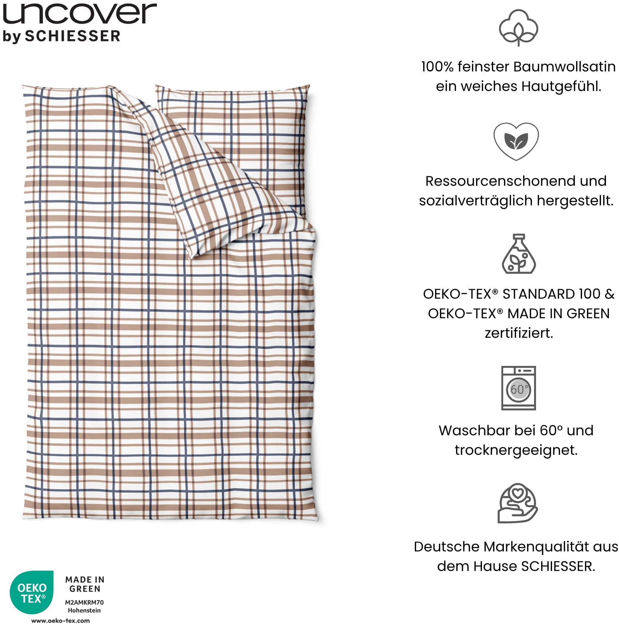 uncover by SCHIESSER Linge de lit »Maxim aus edlem Baumwollsatin, 135x200cm + 80x80cm« 2 cuis Made in Green