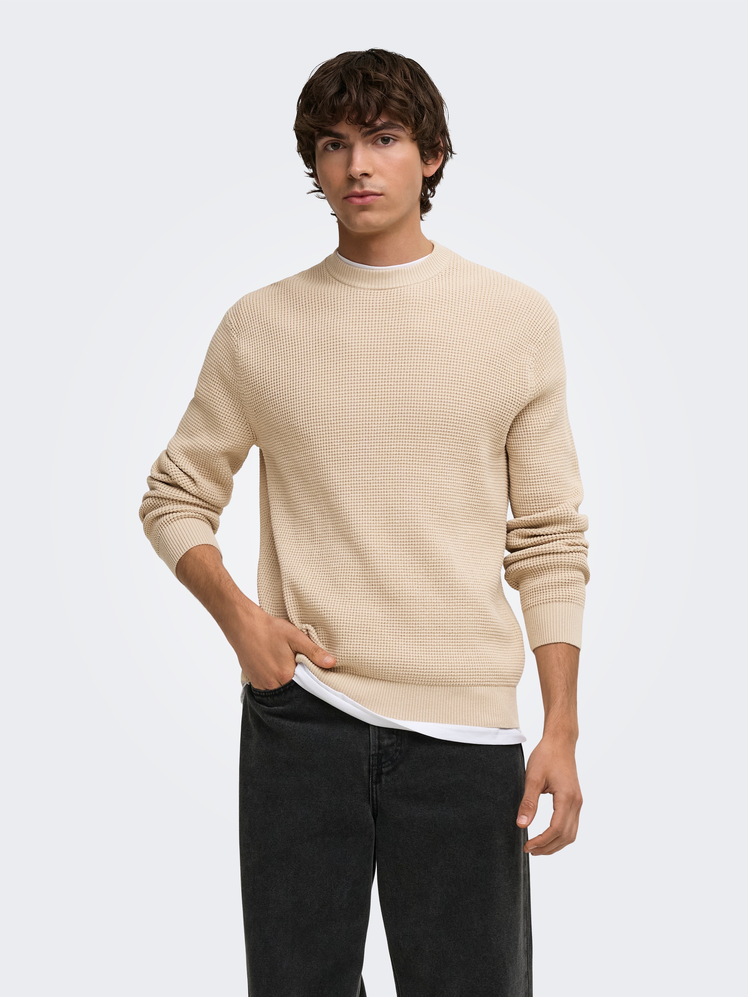 ONLY & SONS Pull à col rond »ONSMARIUS LS WAFFLE CREW REG OTL« mélange coton, coupe régulière