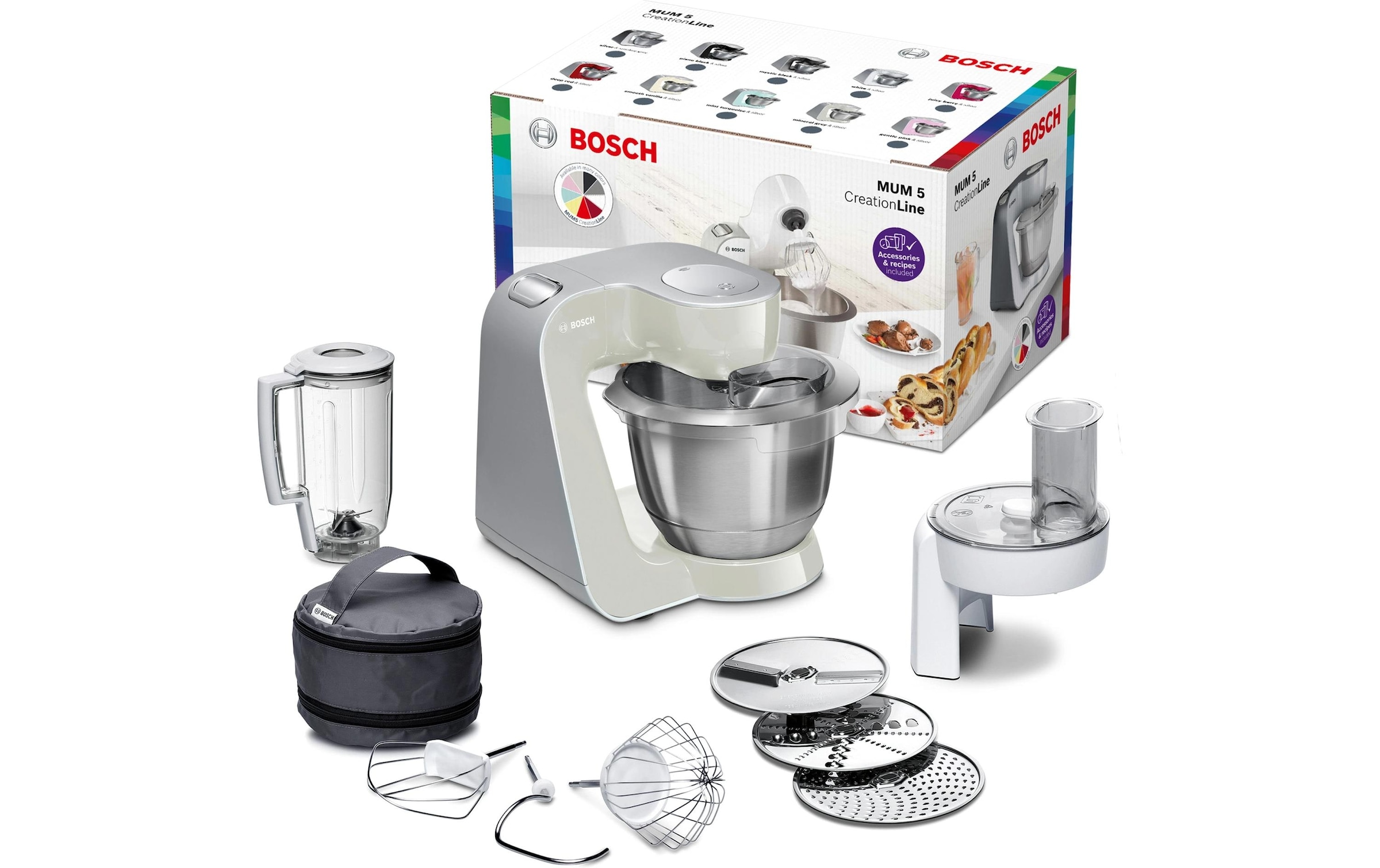 BOSCH Robot de cuisine »Serie 4 MUM58L20, Durchlaufschnitzler, Mixer, grau« 3 Scheiben, Schüssel, Knethaken/Rühr-/Silikonbesen, spülmaschinenfest