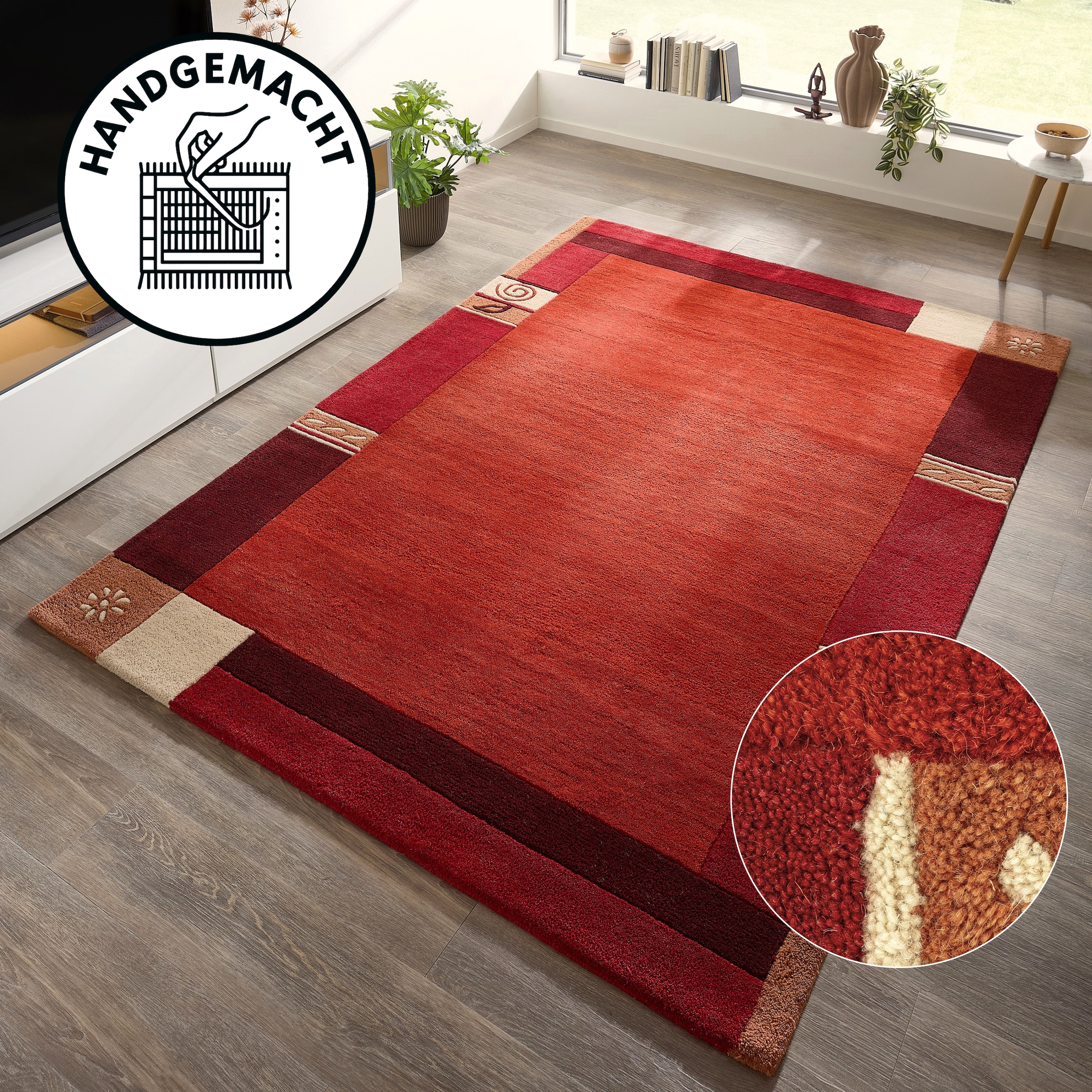 THEKO Tapis en laine »Tromso, Wolle, Handgefertigt, Bordüre mit Hoch-Tief-Effekt« Rectangulaire 15 mm Höhe salon, chambre, salle à manger