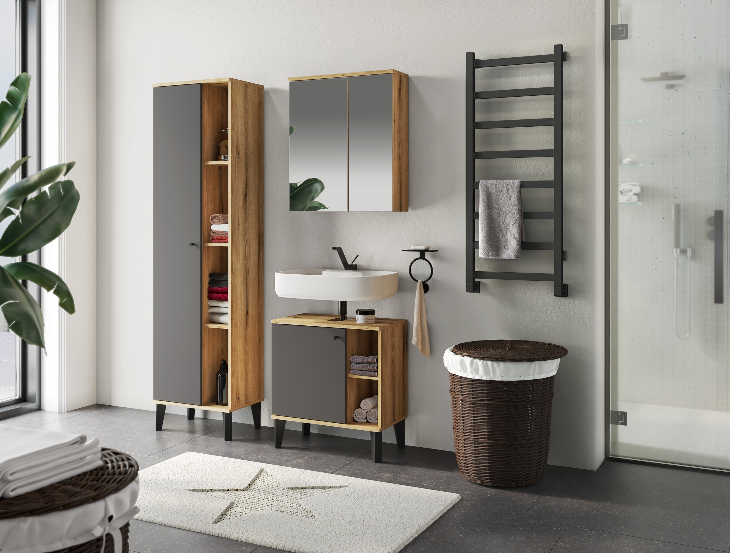 INOSIGN Waschbeckenunterschrank »Oslo, Waschtisch mit Knopfgriff, Badschrank im skandinavischen Design« in der Türfarbe Weiss oder Grau verfügbar, ausreichend Stauraum