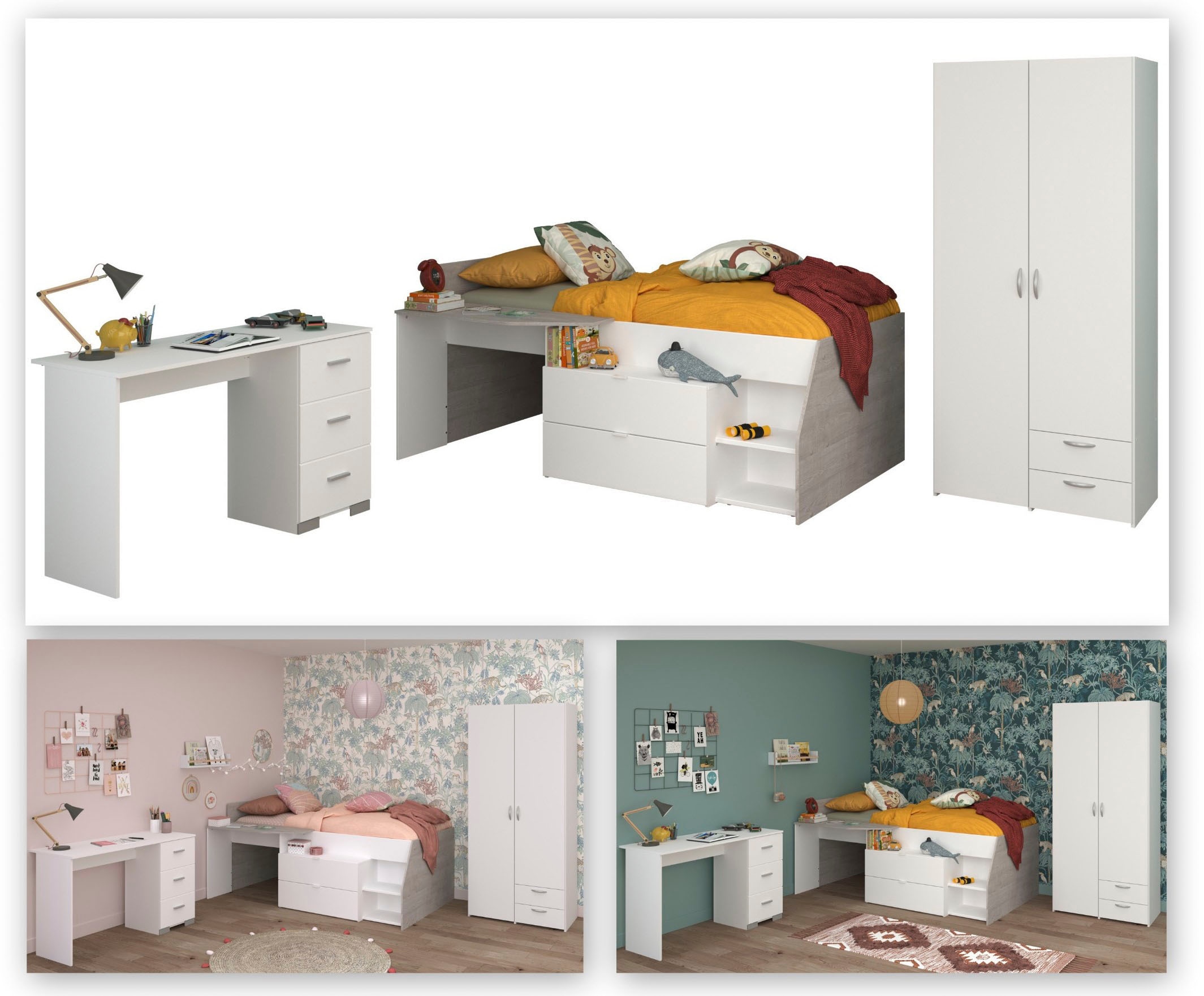 Parisot Set de chambre d'adolescent »Parisot Milky 13« 3 cuis tlg. viel Stauraum, halbhohes Hochbett