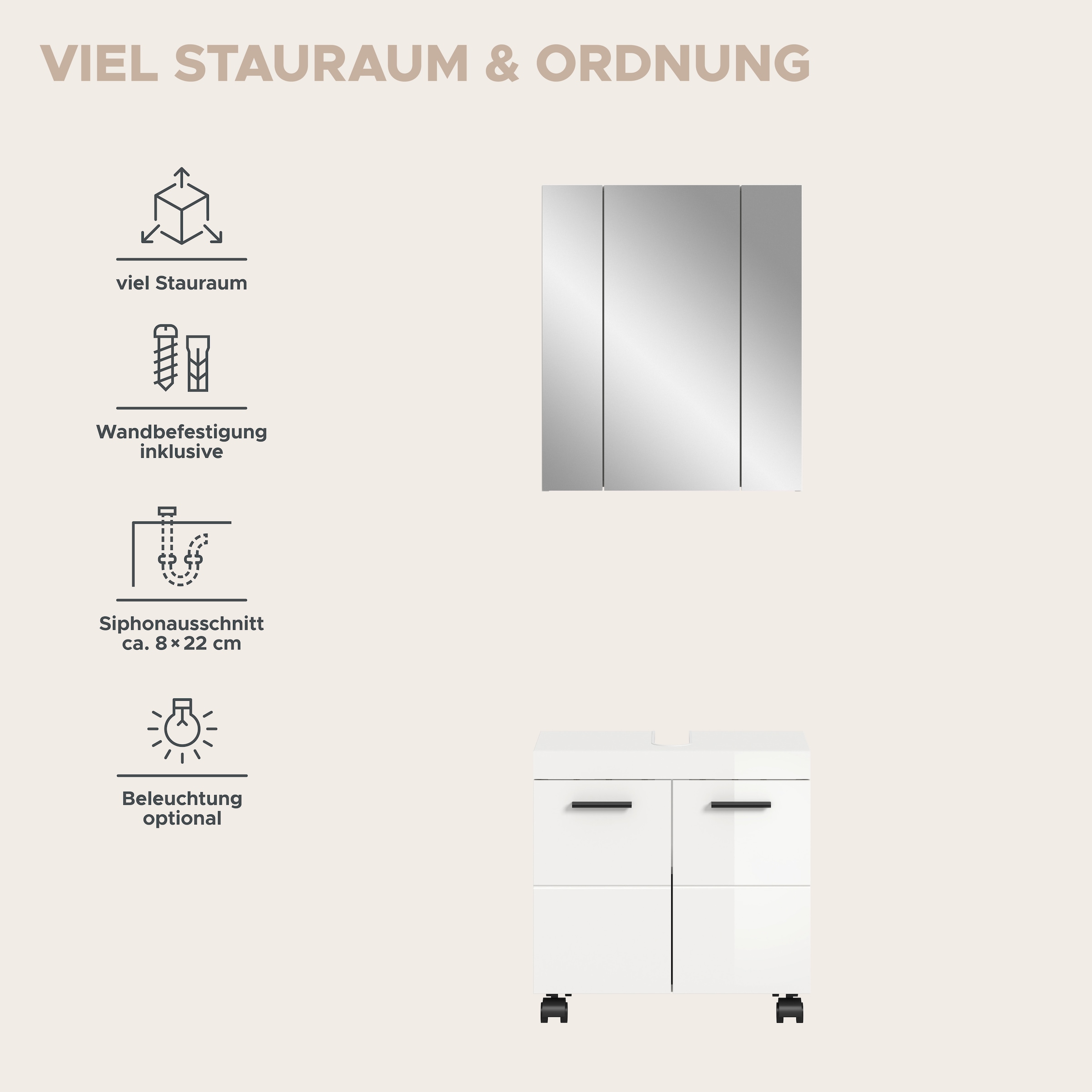 welltime Ensemble de meubles de salle de bain »AVON, Breite 60 cm, 2-teilige moderne Badkombination, auf Rollen« bestehend aus: Waschbeckenunterschrank & Spiegelschrank, 2 cuis tlg.