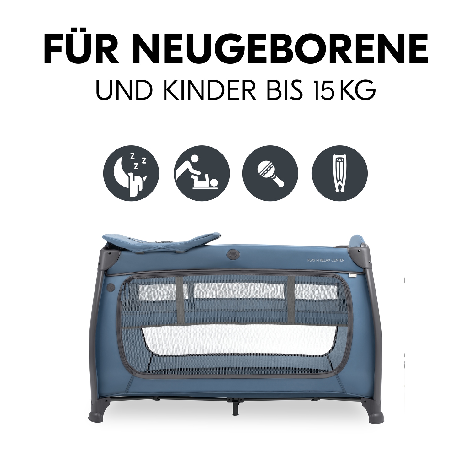 Hauck Baby-Reisebett »Play N Relax Center, dark blue« inkl. Neugeboreneneinhang, Wickelmulde, Ausstieg, Räder