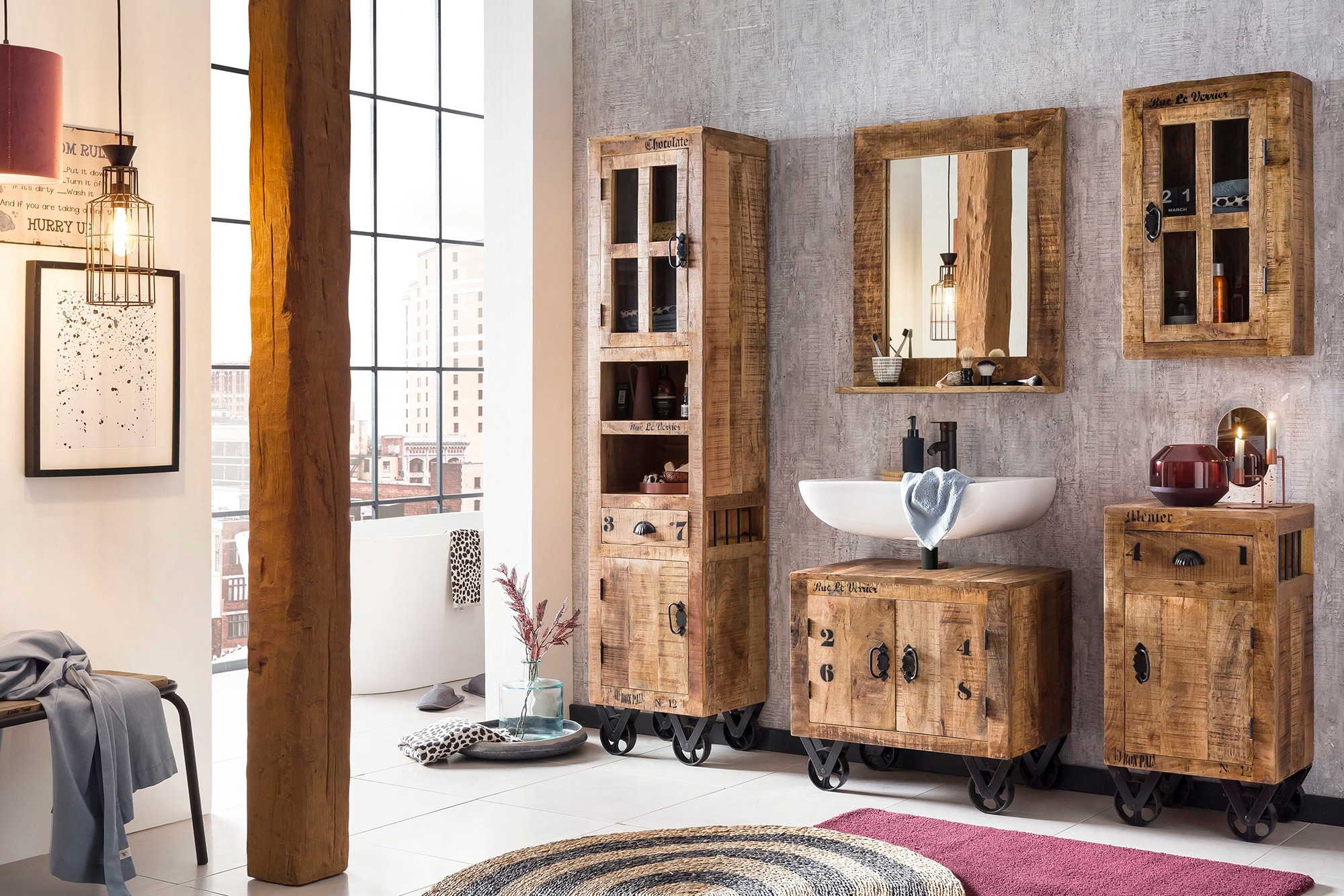 SIT Commode »Mahón aus Mangoholz mit Rollen & Industrial-Look« Mobile sur roulettes en métal avec marques d'utilisation vintage prononcées