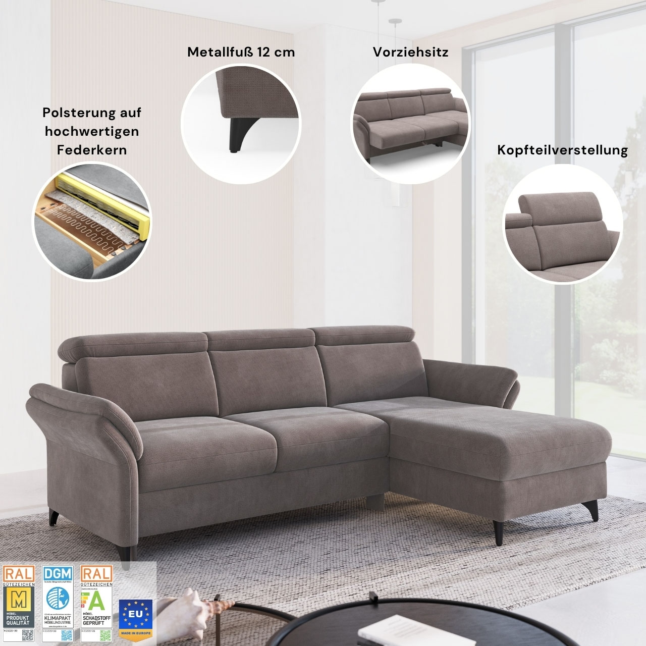 sit&more Paysage de salon »Glendale, U-Form« inkl. Kopfteilverstellung,wahlweise mit Vorziehsitz und Bettkasten