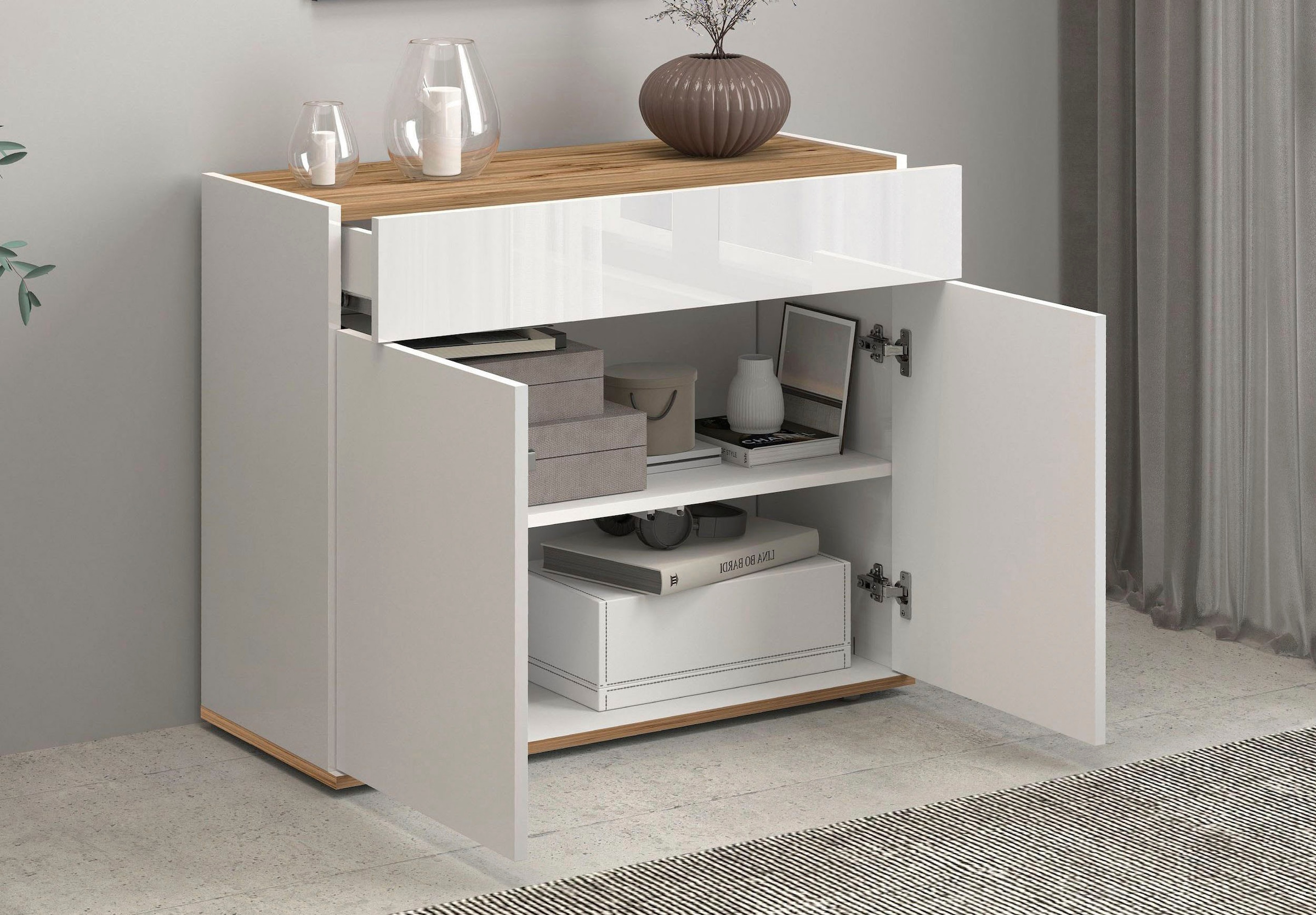 GOODproduct Sideboard »Garda, Kommode, Schrank, 2 Türen, 1 Schublade, Made in Italy« Hochglanzlackierte Fronten, Korpus matt, grifflos, Breite 80,9 cm