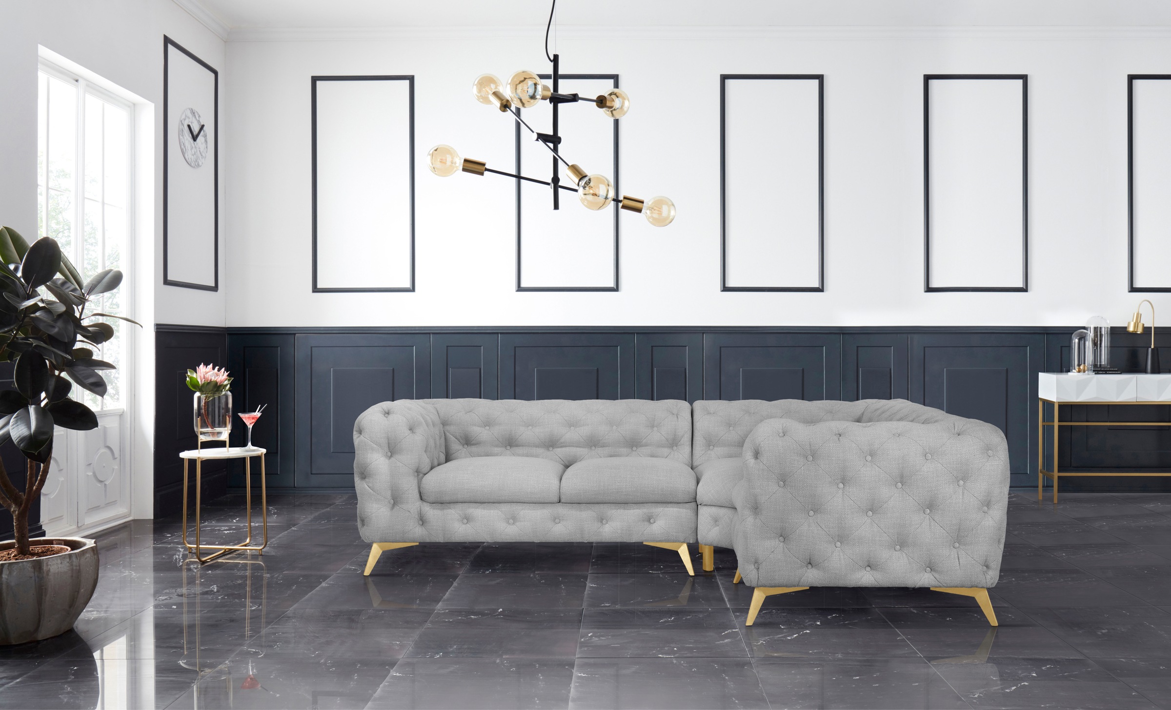 Home affaire Canapé Chesterfield »Ecksofa GLYNIS L-Form mit Wellenunterfederung, Masse B/T/H 264/204/75cm« boutonnage soigné, look Chesterfield moderne, couleur des pieds au choix