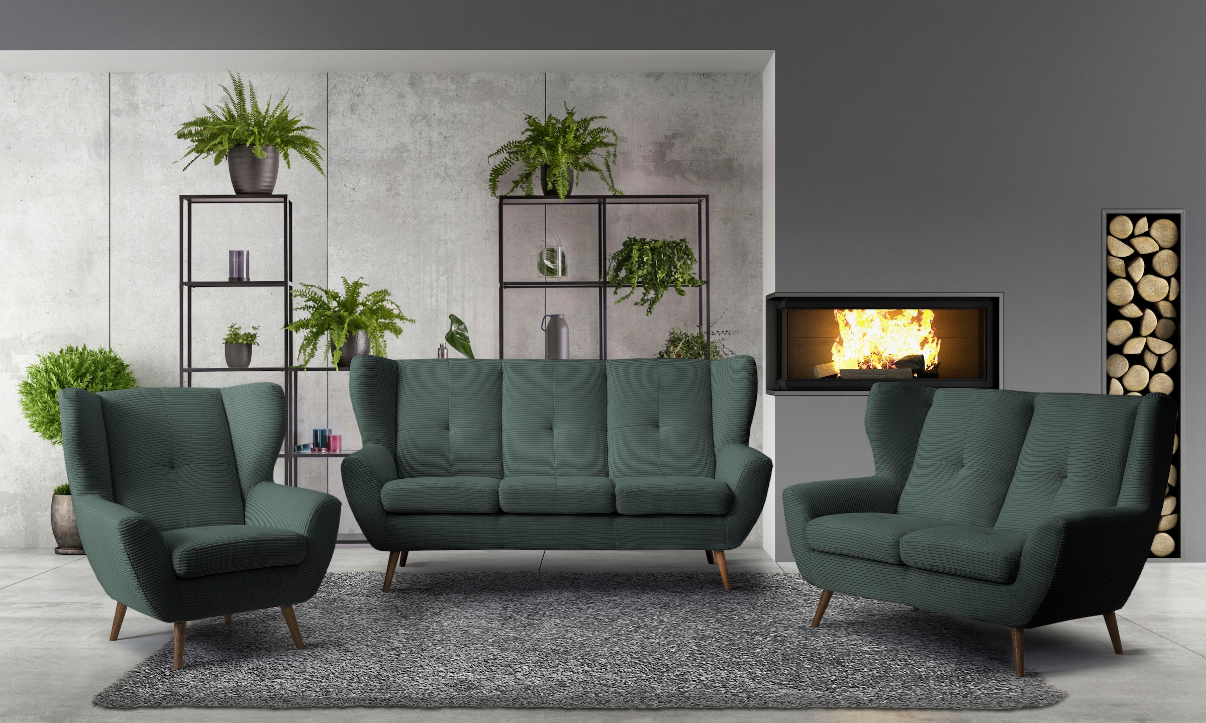 exxpo - sofa fashion Sessel »ALVESTA, Ohrensessel, Loungesessel mit hohem Sitzkomfort« gemütliche Rückenlehne, mit Knopfheftung und hohen Holzfüssen, in Cord