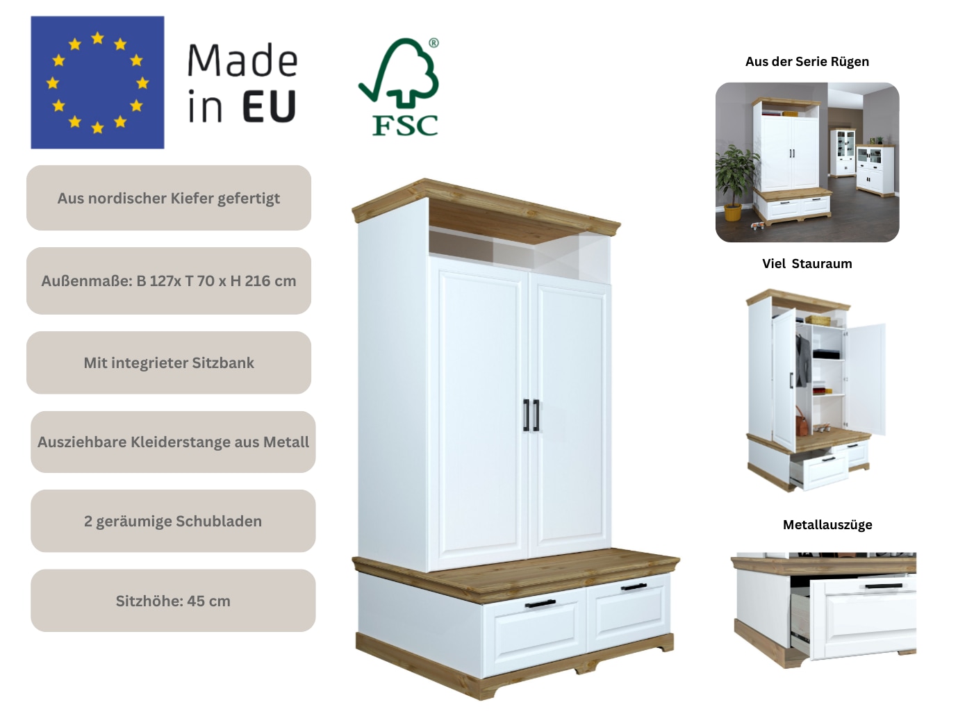 GOODproduct Armoires à vêtements »Rügen Garderobenschrank, Drehtürenschrank, Schrank« FSC® zertifizierte massive Kiefer, Breite 127 cm, integrierte Bank