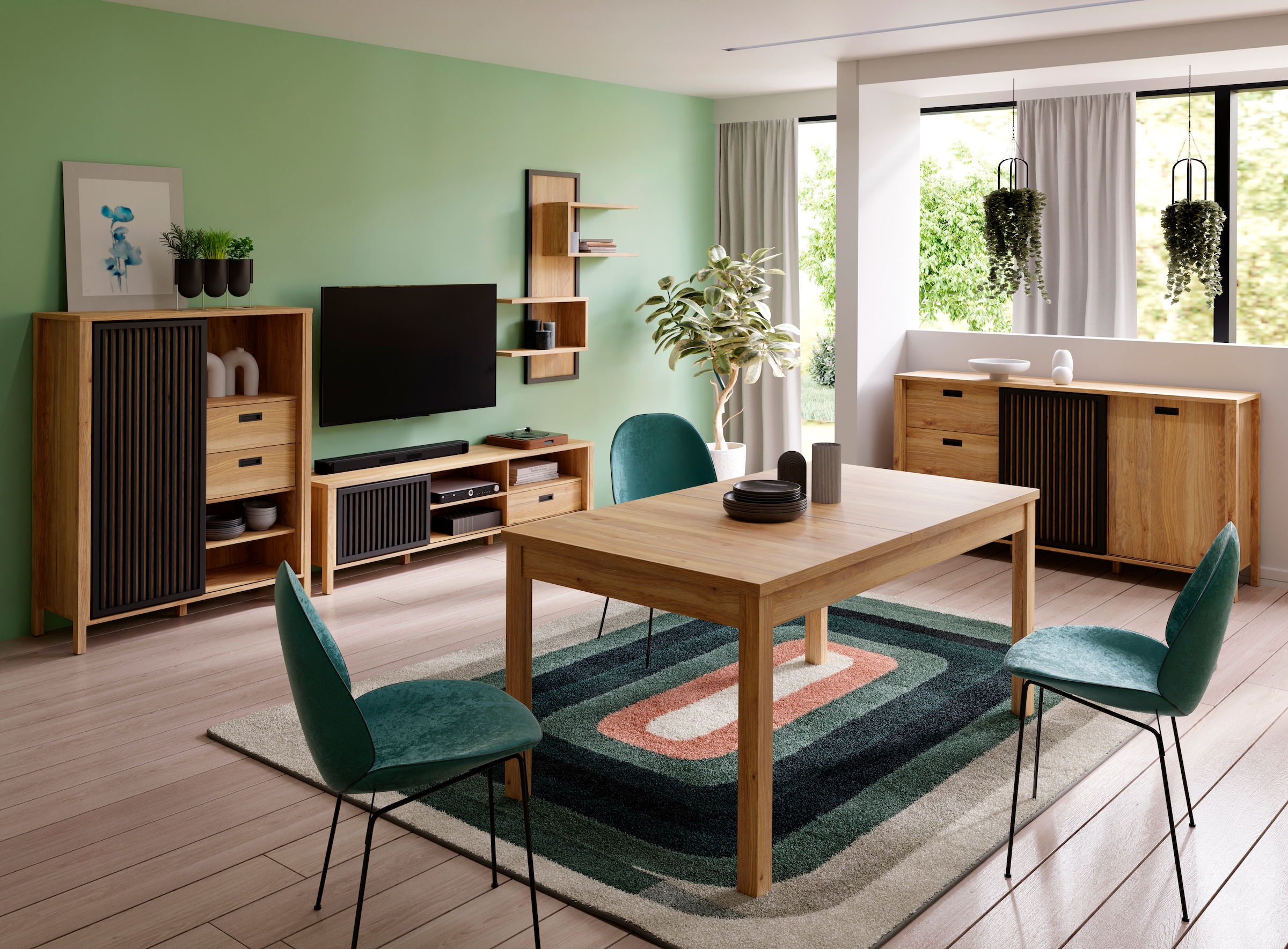 FORTE Buffet haut »Jytana« largeur 103,4 cm, porte coulissante à effet lamelles, Mauvella chêne/noir
