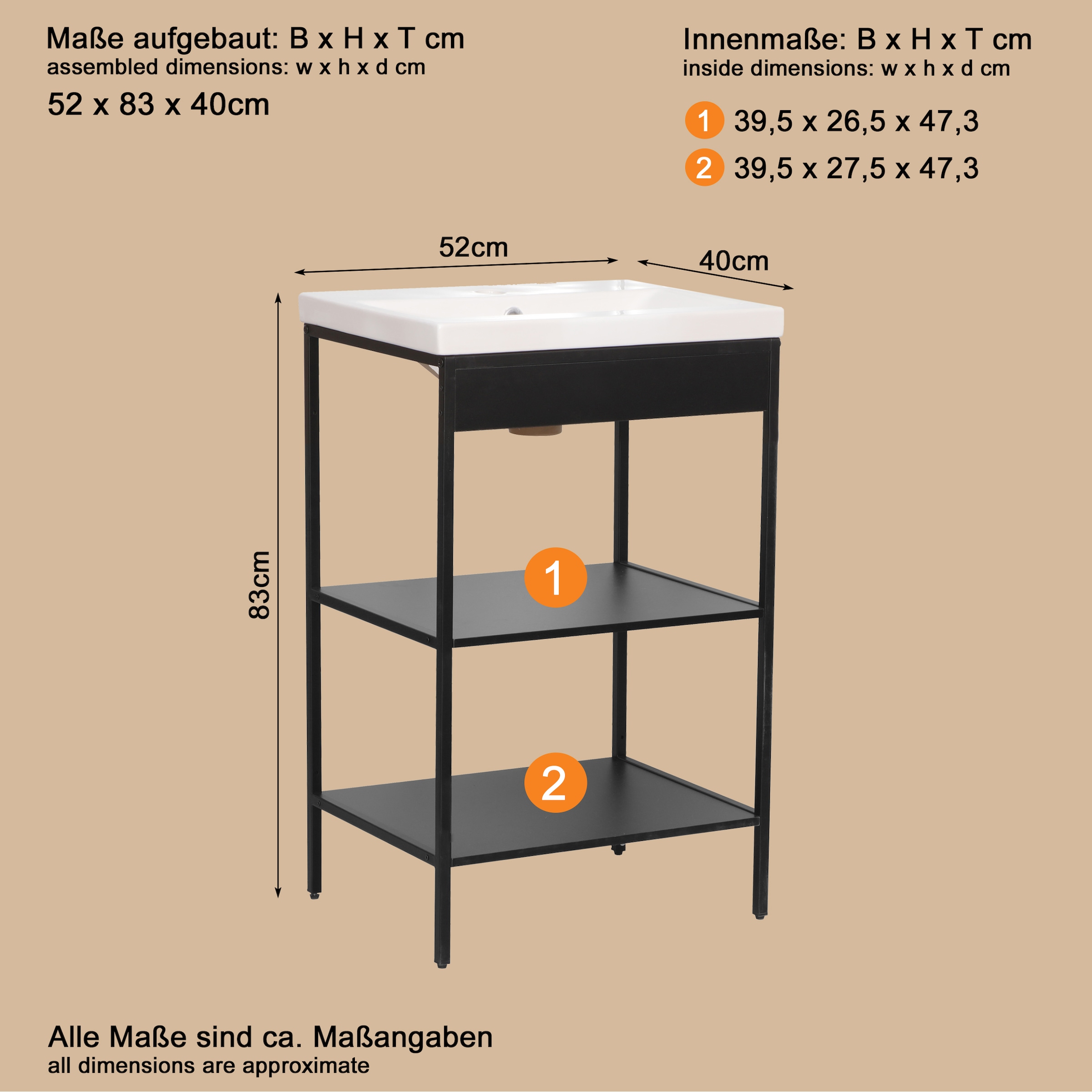 welltime Armoire sous lavabo »Lodi« 2 cuis tlg. Waschbeckenregal mit Metallrahmen - (B/T/H) 52 / 40 / 83 cm