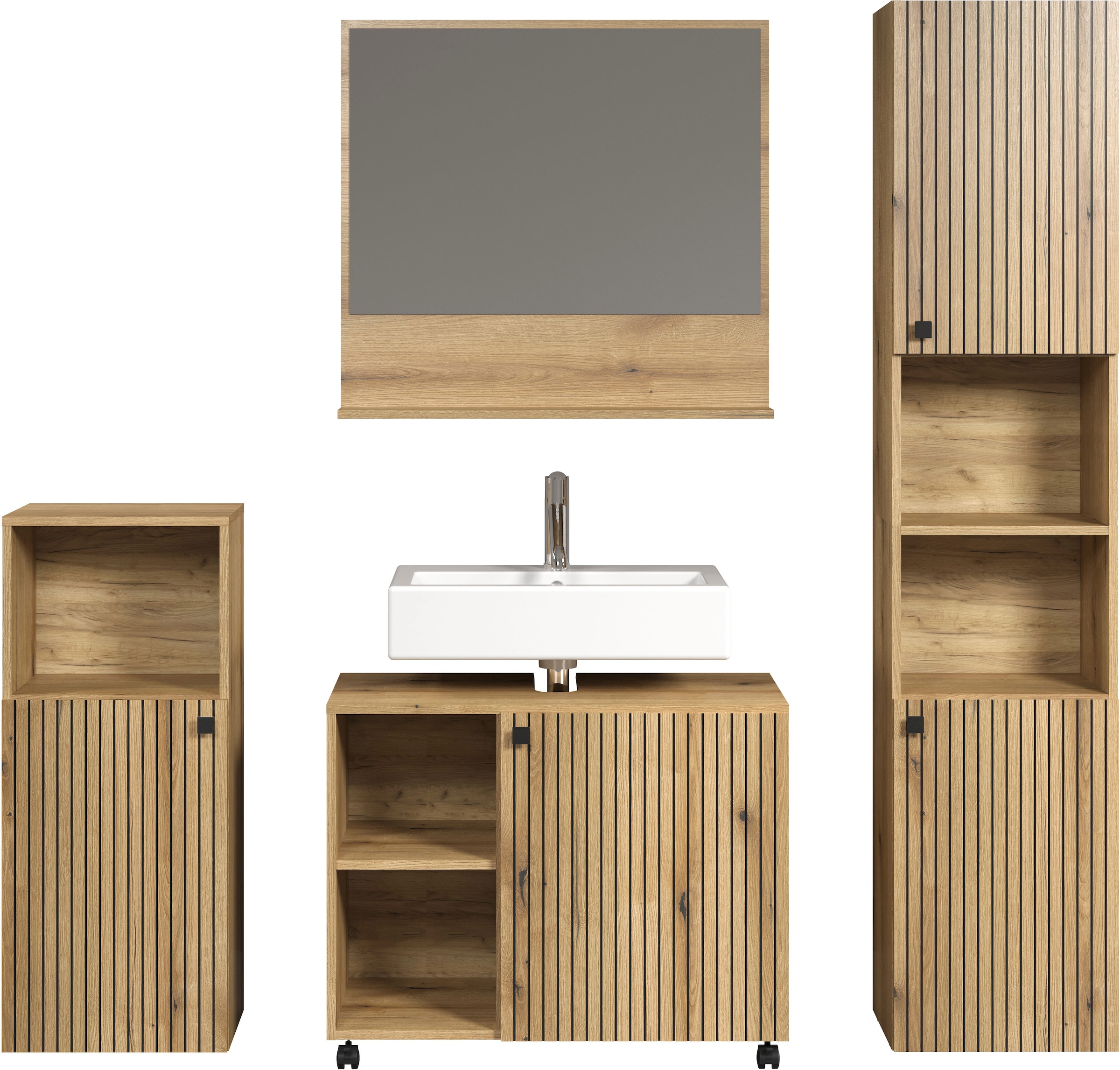 welltime Ensemble de meubles de salle de bain »Amrum Waschbeckenunterschrank Spiegel Hochschrank Badschrank« Ensemble complet, 4 cuis tlg.