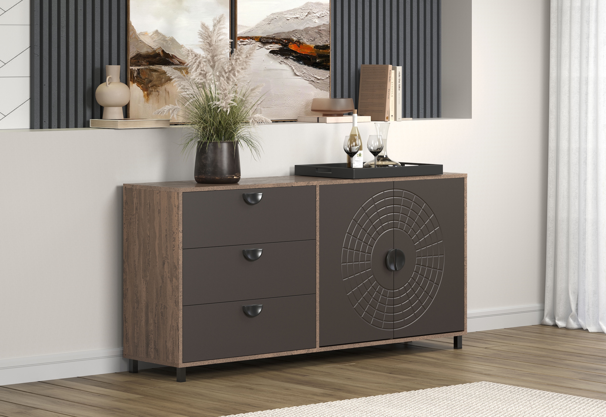 INOSIGN Sideboard »Fusion« 1 Stk. tlg. Kommode mit markantem Kreismuster - Antikoptik - (B/T/H) 176/42/86 cm