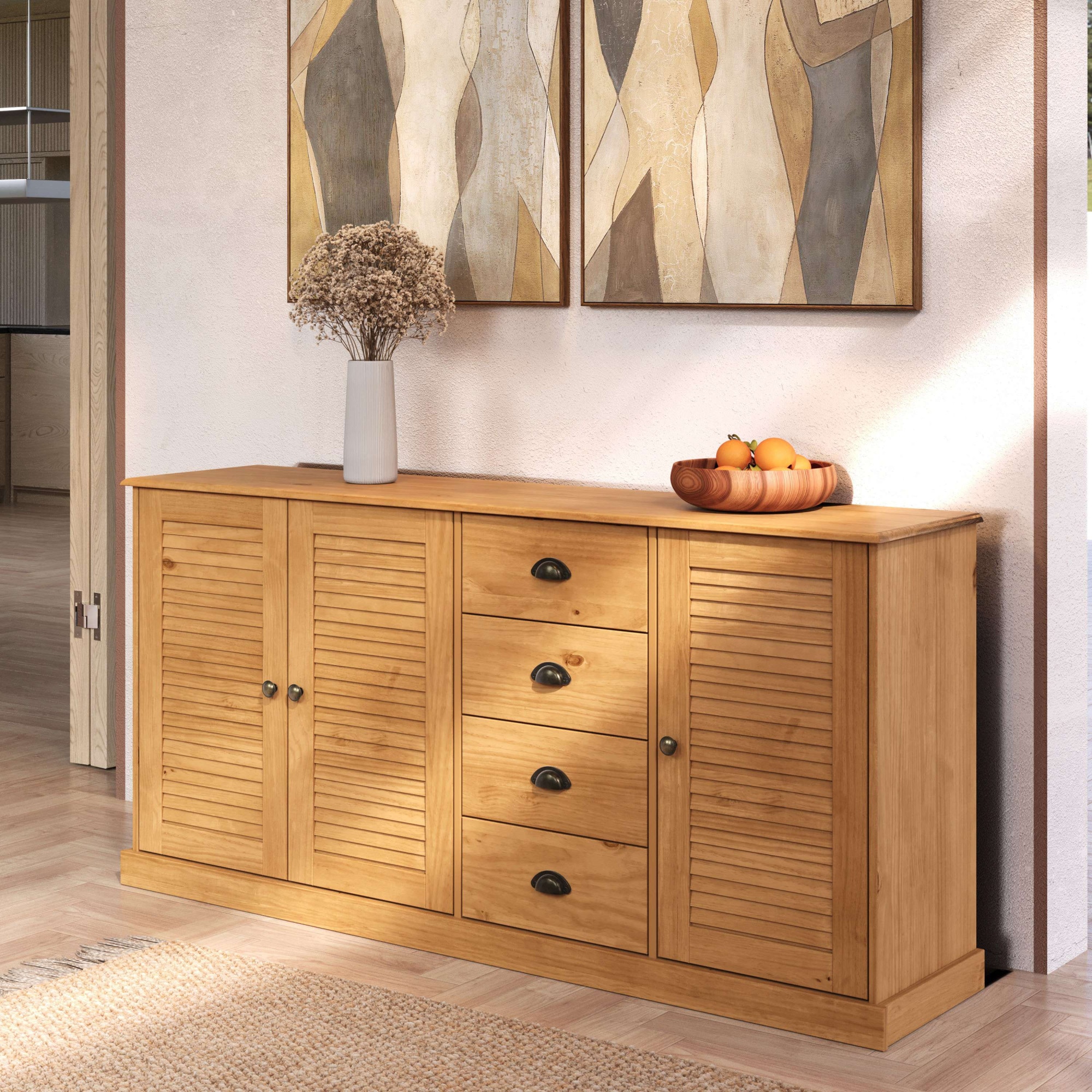 GOODproduct Sideboard »Turia, mit Lamellentüren« Kommode aus massivem Kiefernholz, FSC®, 4 Schubkasten, Breite 166 cm