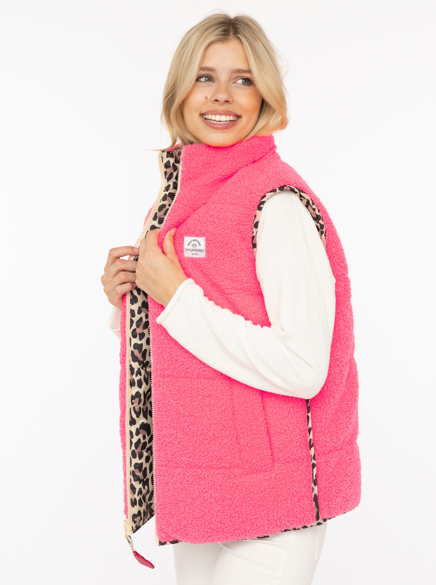 Zwillingsherz Gilet réversible »"Leo Teddy"« réversible, avec fermeture éclair, pendentif cœur, motif léopard, poches latérales