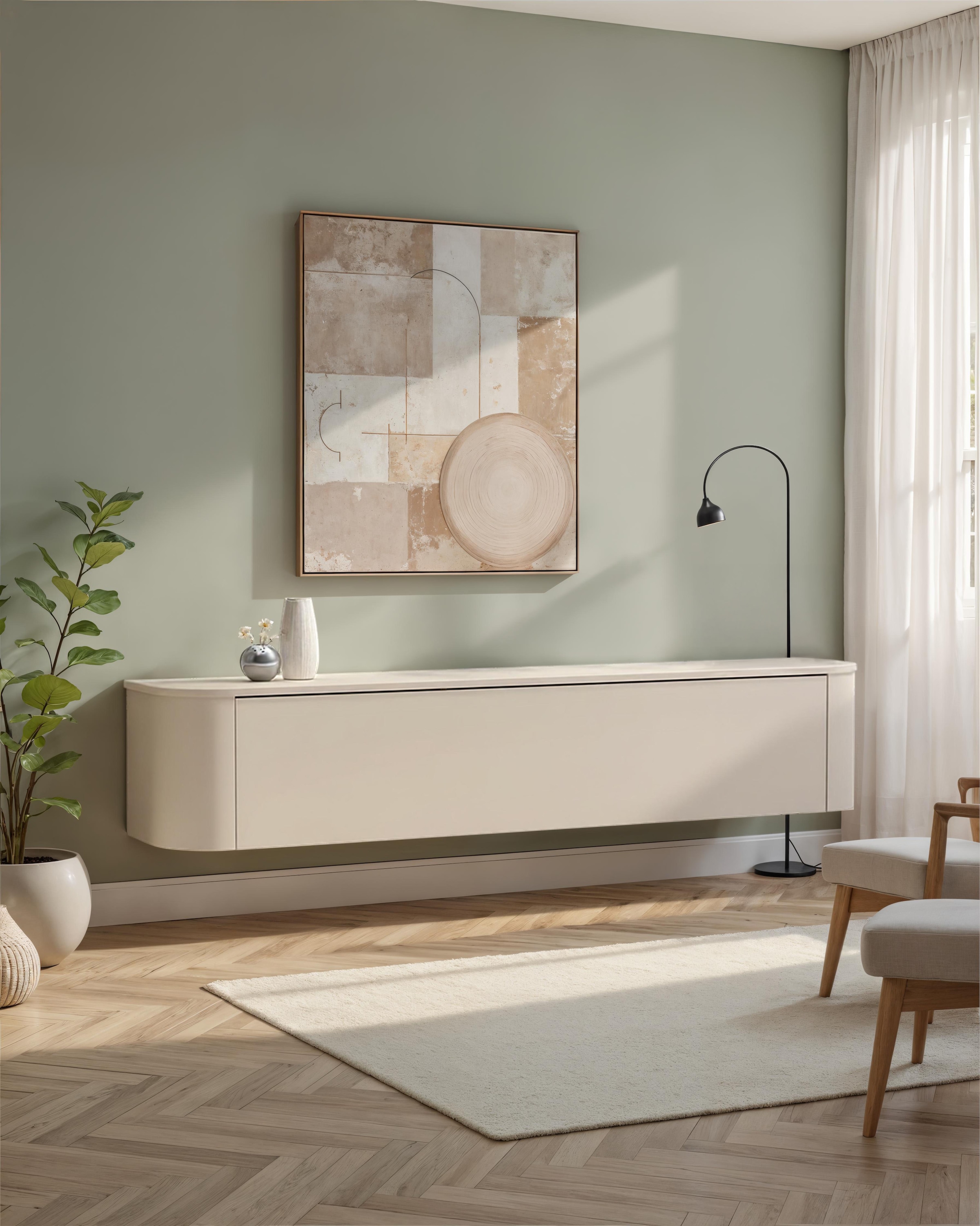 GOODproduct Lowboard »Lido, 181 cm breit, 1 Klappe, TV-Schrank, TV-Kommode, Medienboard« Formgebogenes MDF, Stirnseiten Rundung, Push-to-open, hängend/stehend