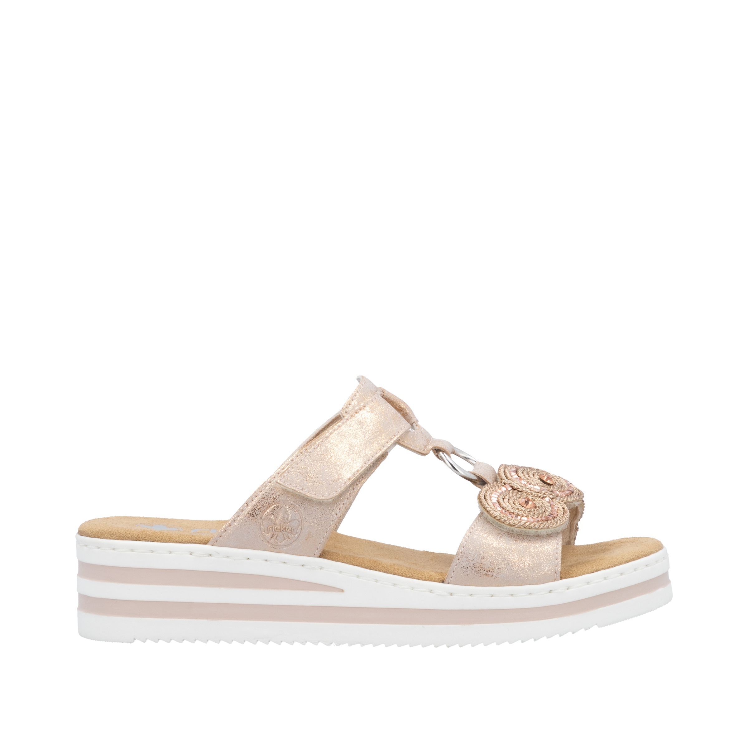 Rieker Pantolette  Sommerschuh, Urlaubsschuh mit Glitzersteine, Metallic-Optik