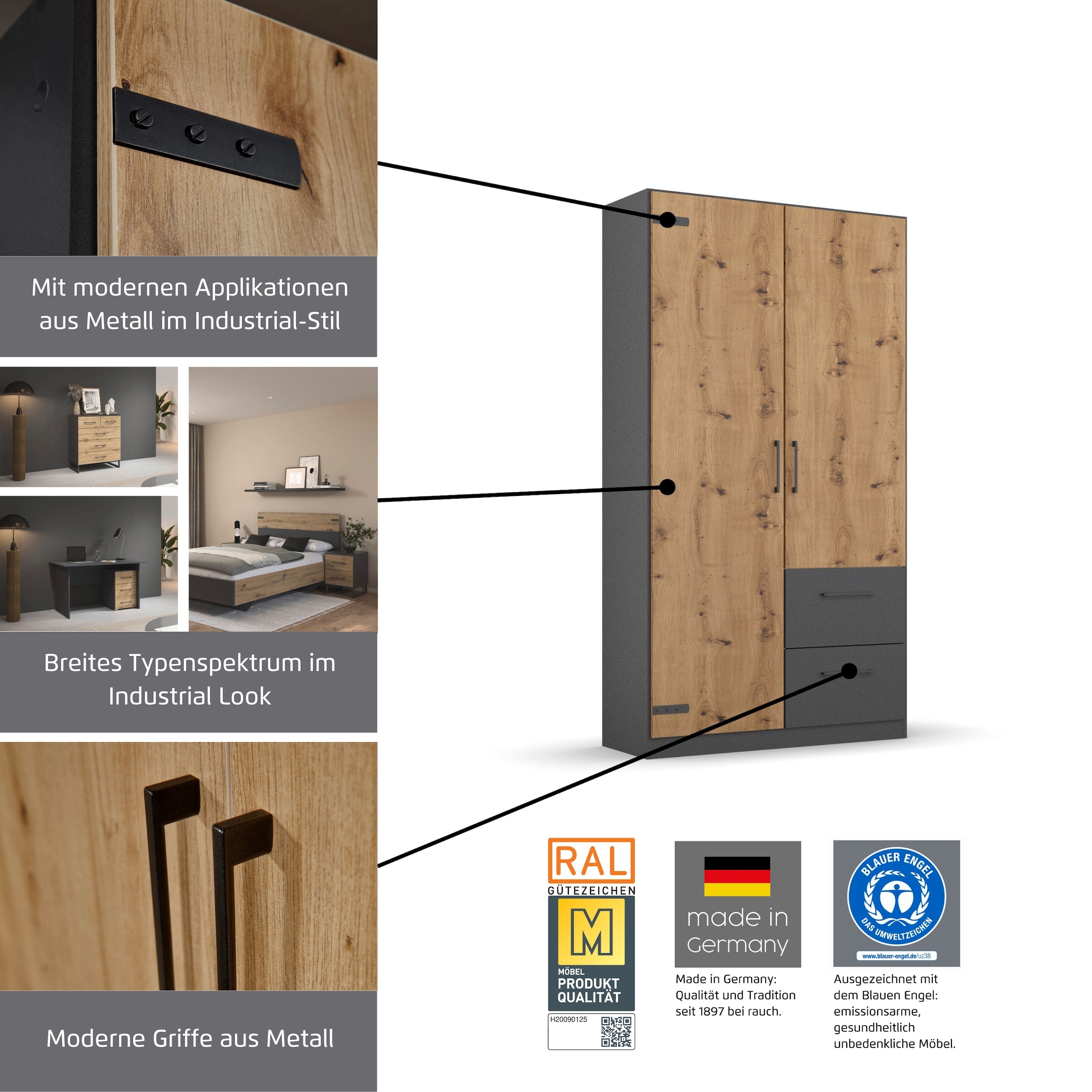 rauch Drehtürenschrank »Kleiderschrank Jugendzimmer Kinderzimmer Stauraum  Holmes« Breite 91/Höhe 197/Tiefe 54cm - Industrial Style - MADE IN GERMANY
