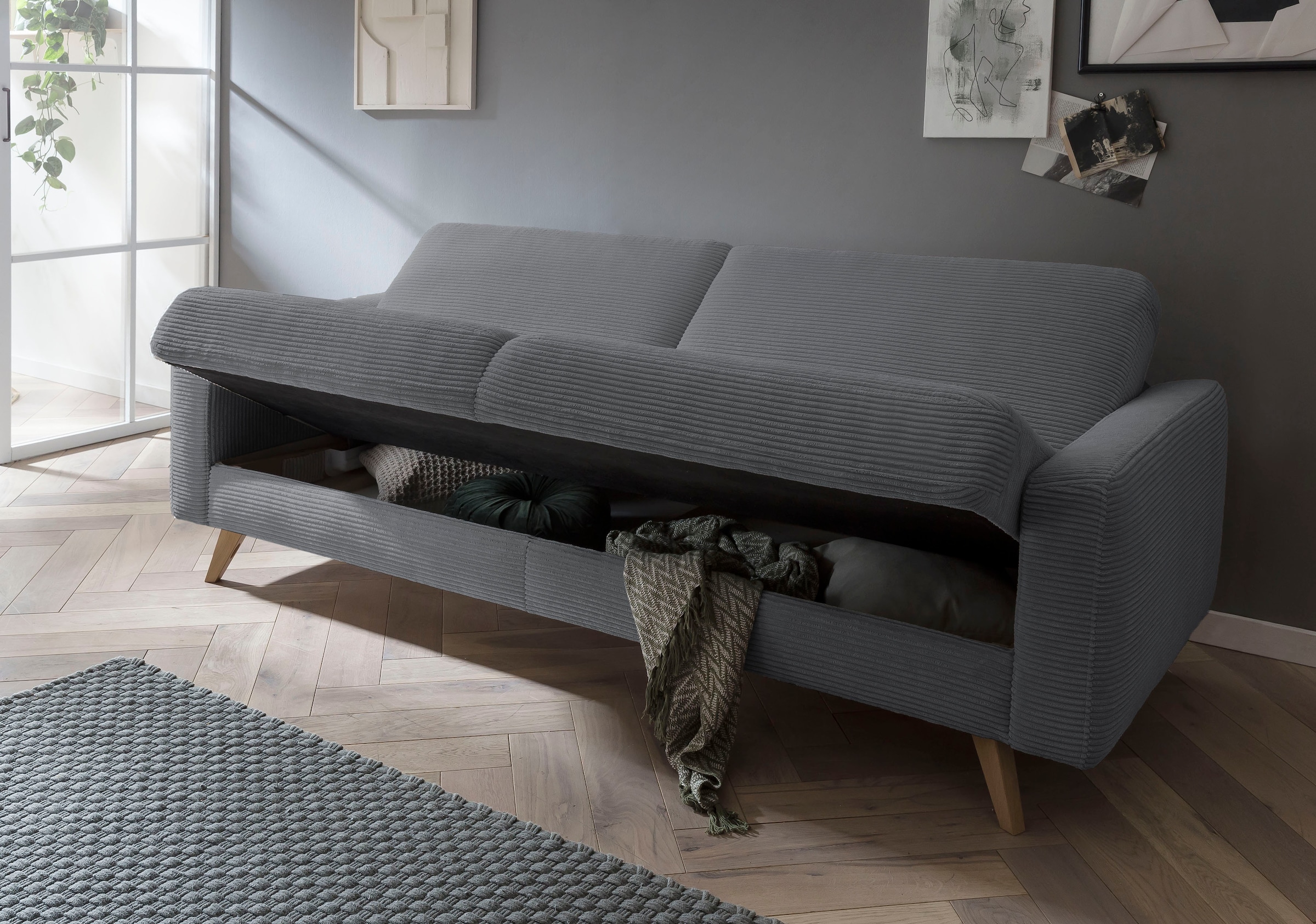 exxpo - sofa fashion 3-Sitzer »Samso, elegant und bequem, aktueller Cord Bezug, Kippcouch« hochwertige Verarbeitung, Schlafsofa inkl. Bettfunktion und Bettkasten