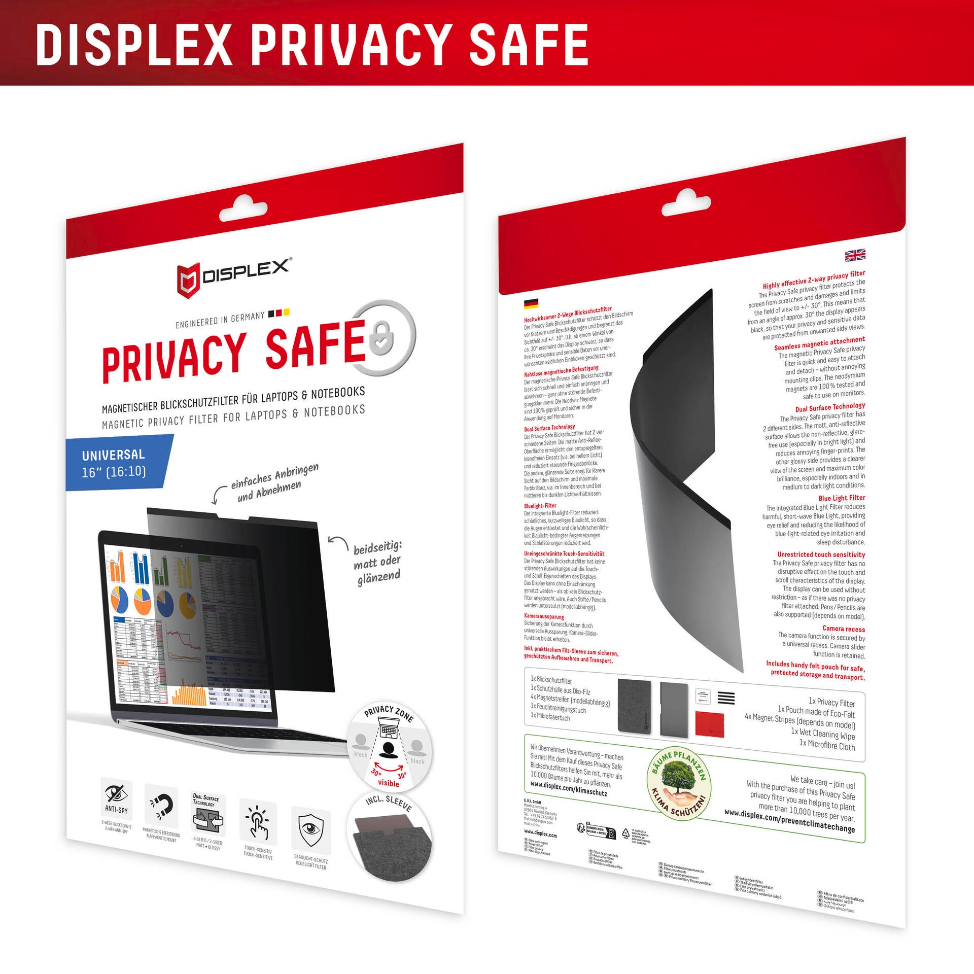 Displex Film de protection d'écran »Privacy Safe Magnetischer Blickschutzfilter Universal 16" (16:10)« für Universal 16" (16:10) Laptops und Notebooks Displayschutzglas, Schutzfolie, Bildschirmschutz, kratz- & stossfest