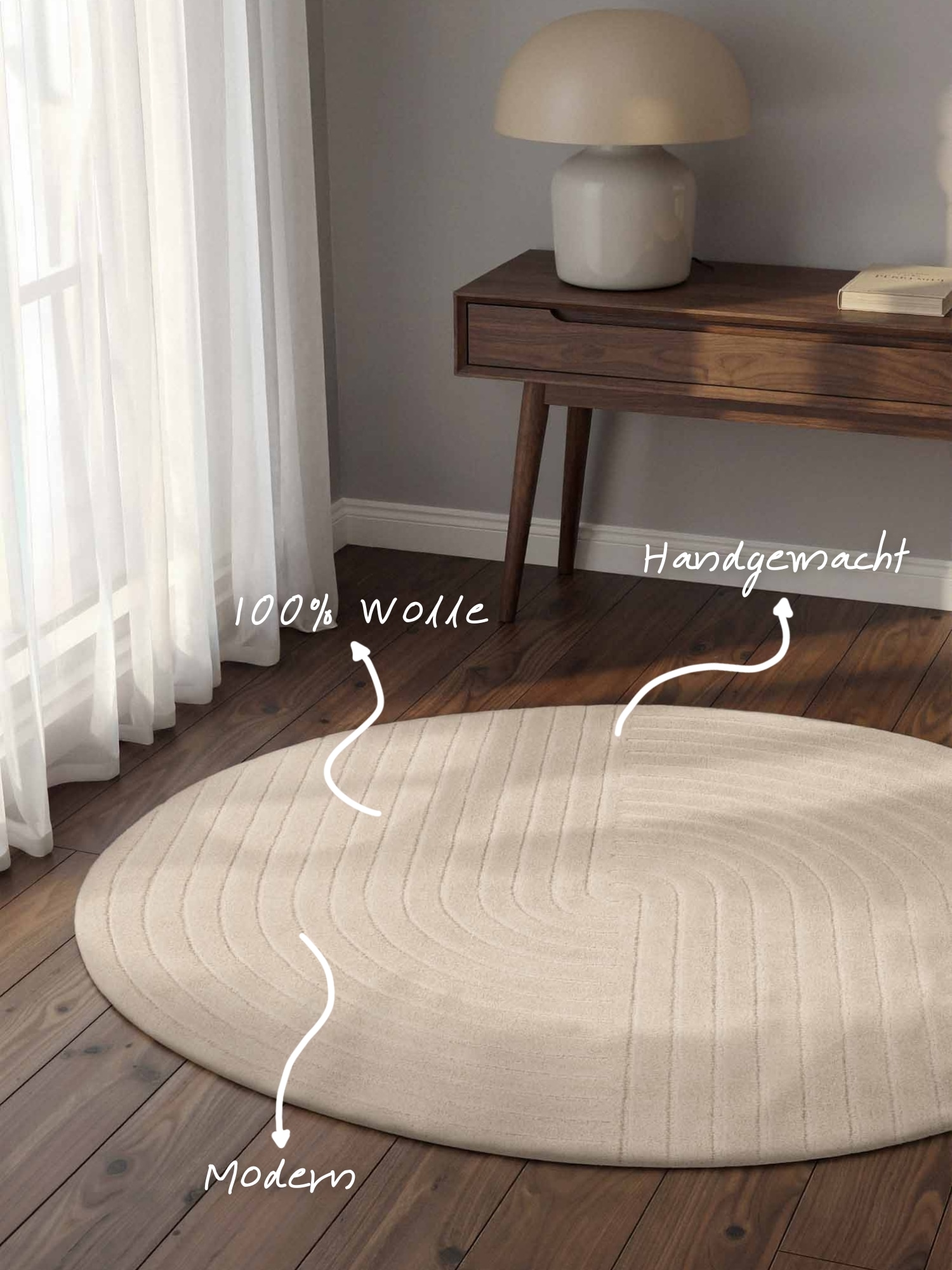 vikosa Tapis en laine »Arcura« Rond 15 mm Höhe Wolle Handgemacht, Hoch-Tief-Effekt, Geometrisches Linien Wellendesign