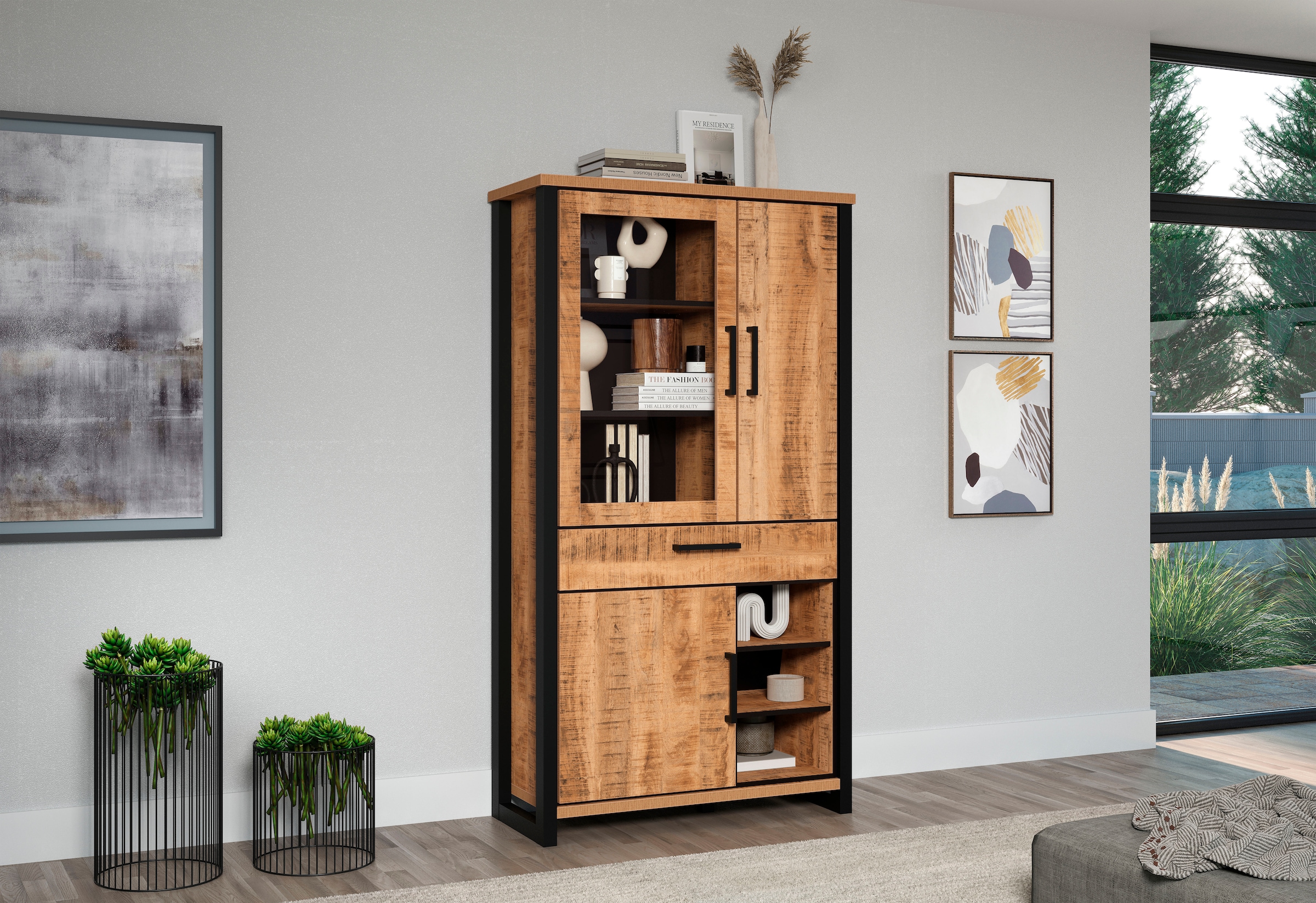 Home affaire Vitrines »Elda« 1 cuis tlg. Vitrine mit 3 Türen & 1 Vollauszug Schublade - (B/T/H) 106/45/195 cm