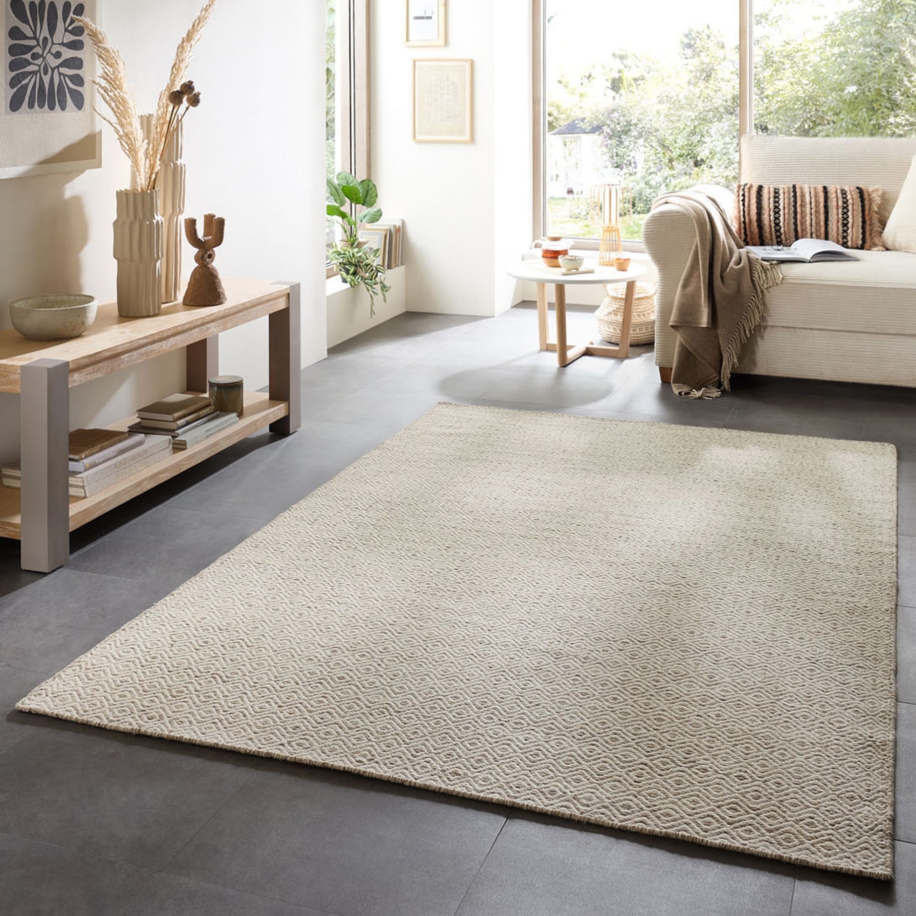 THEKO Tapis en laine »Trondheim PO-502« Rectangulaire 10 mm Höhe Tapis tissé à la main, tissu plat, pure laine, tissé main, motif losanges