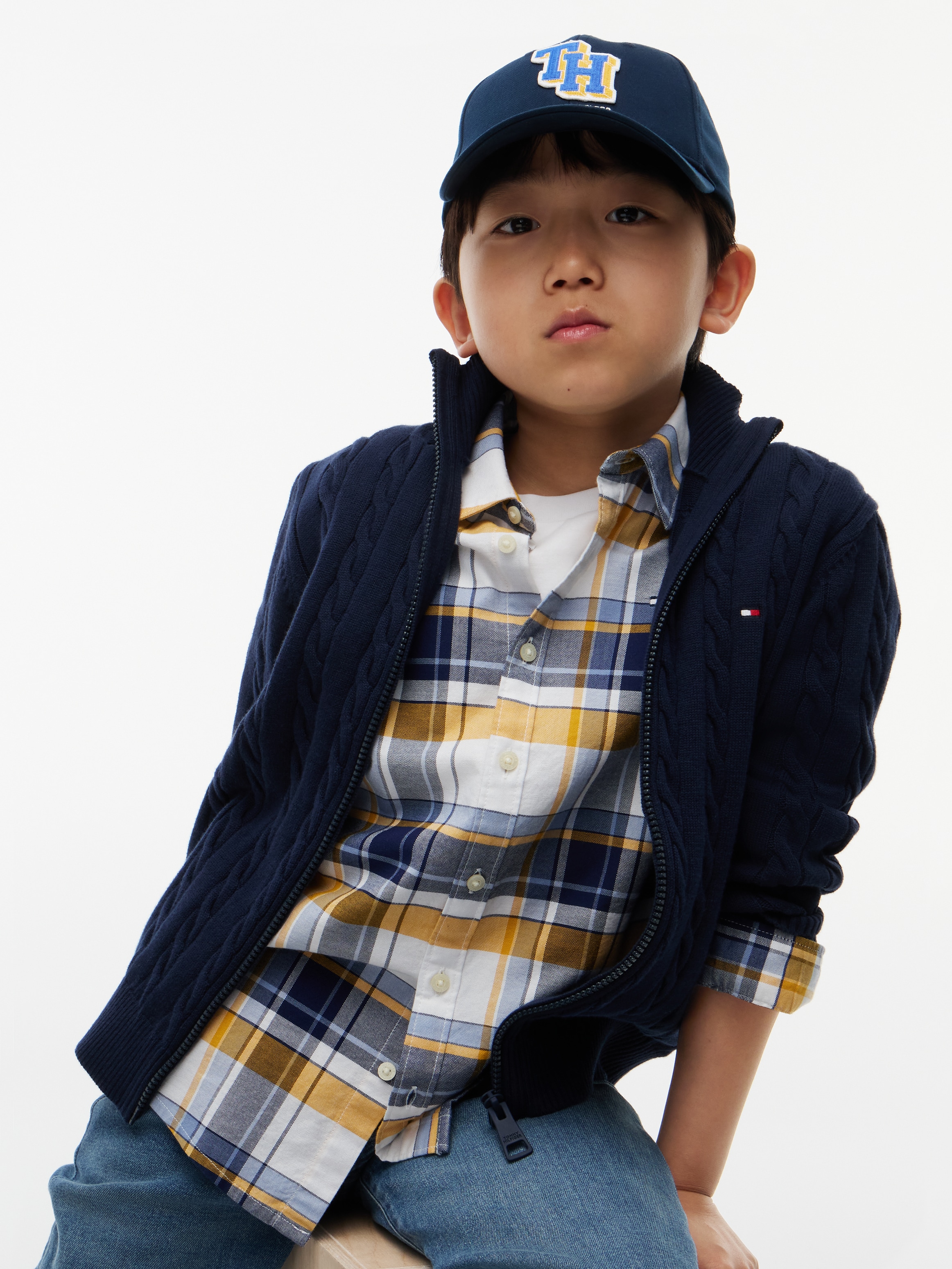 Tommy Hilfiger Veste en tricot Motif torsadé, col montant, coton pur, enfants jusqu'à 16 ans