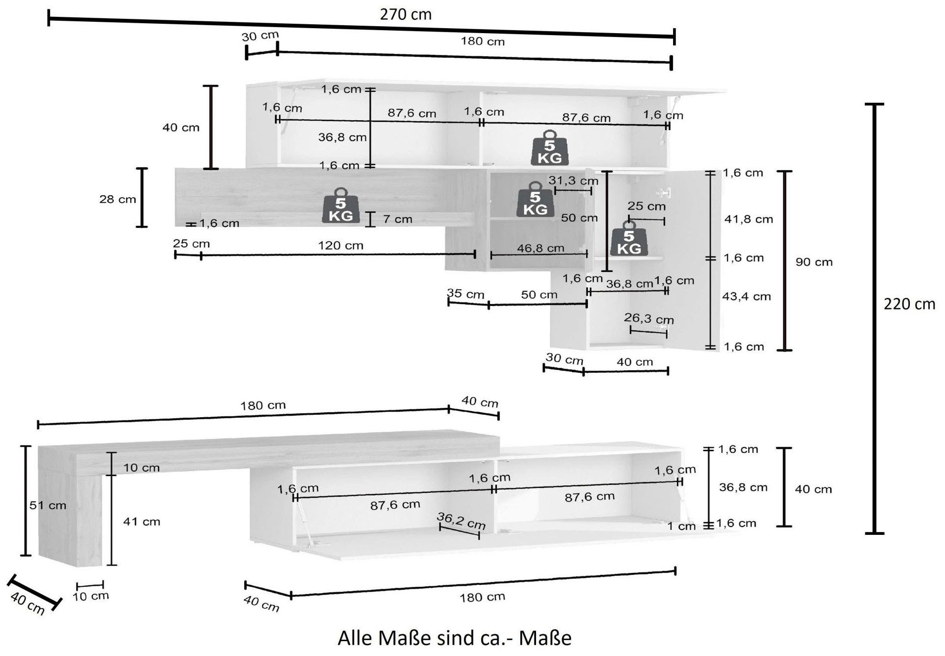 INOSIGN Meuble mural »Chronos Wohnwand, Medienwand, 5-er set« Set, 5 cuis tlg.