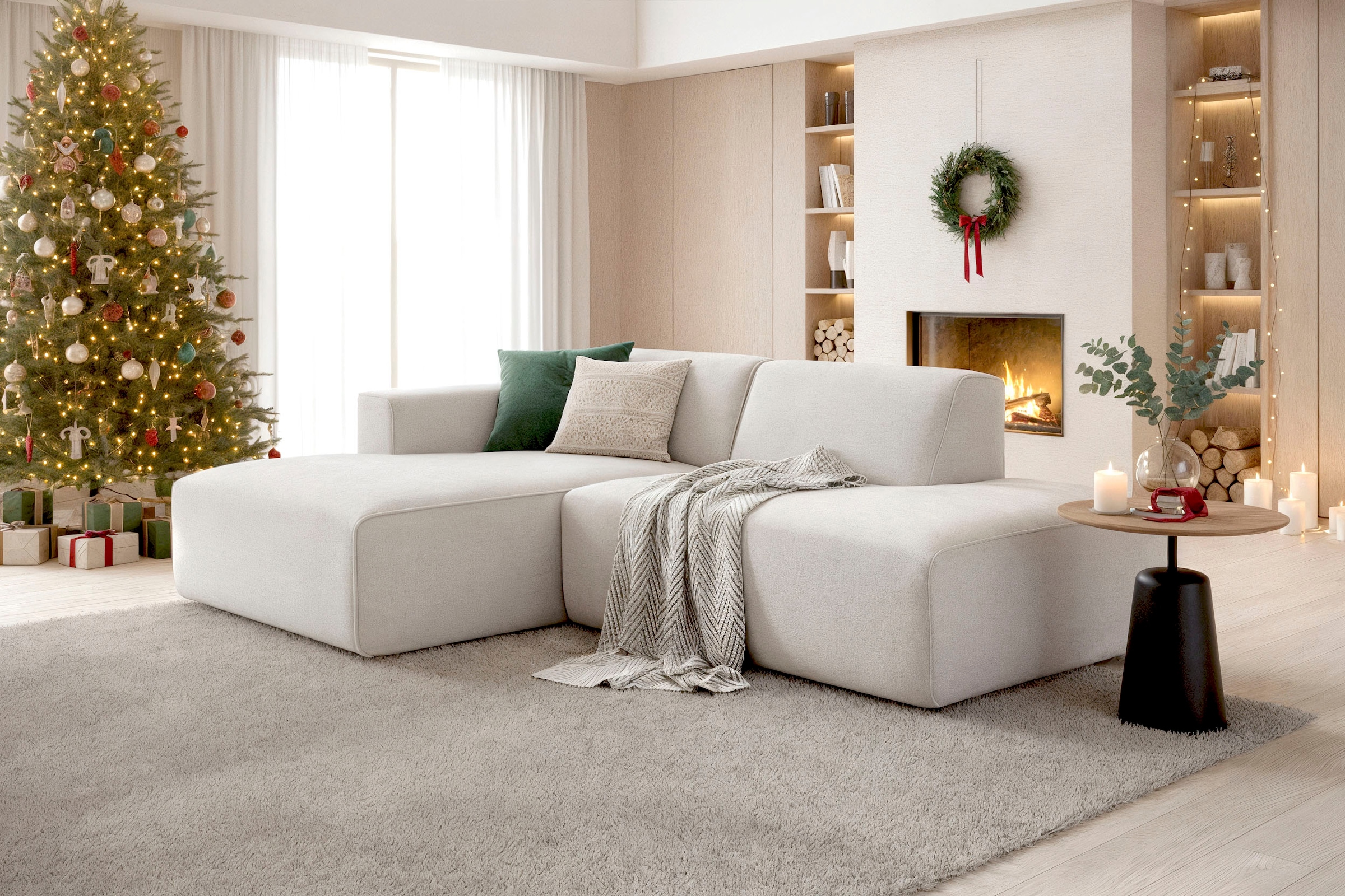 Home affaire Canapé d'angle »Noord mit Kedernaht, Breite 227 cm, L-Form« Cord, Struktur, Webstoff, mit Wellenunterfederung, Massivholzrahmen