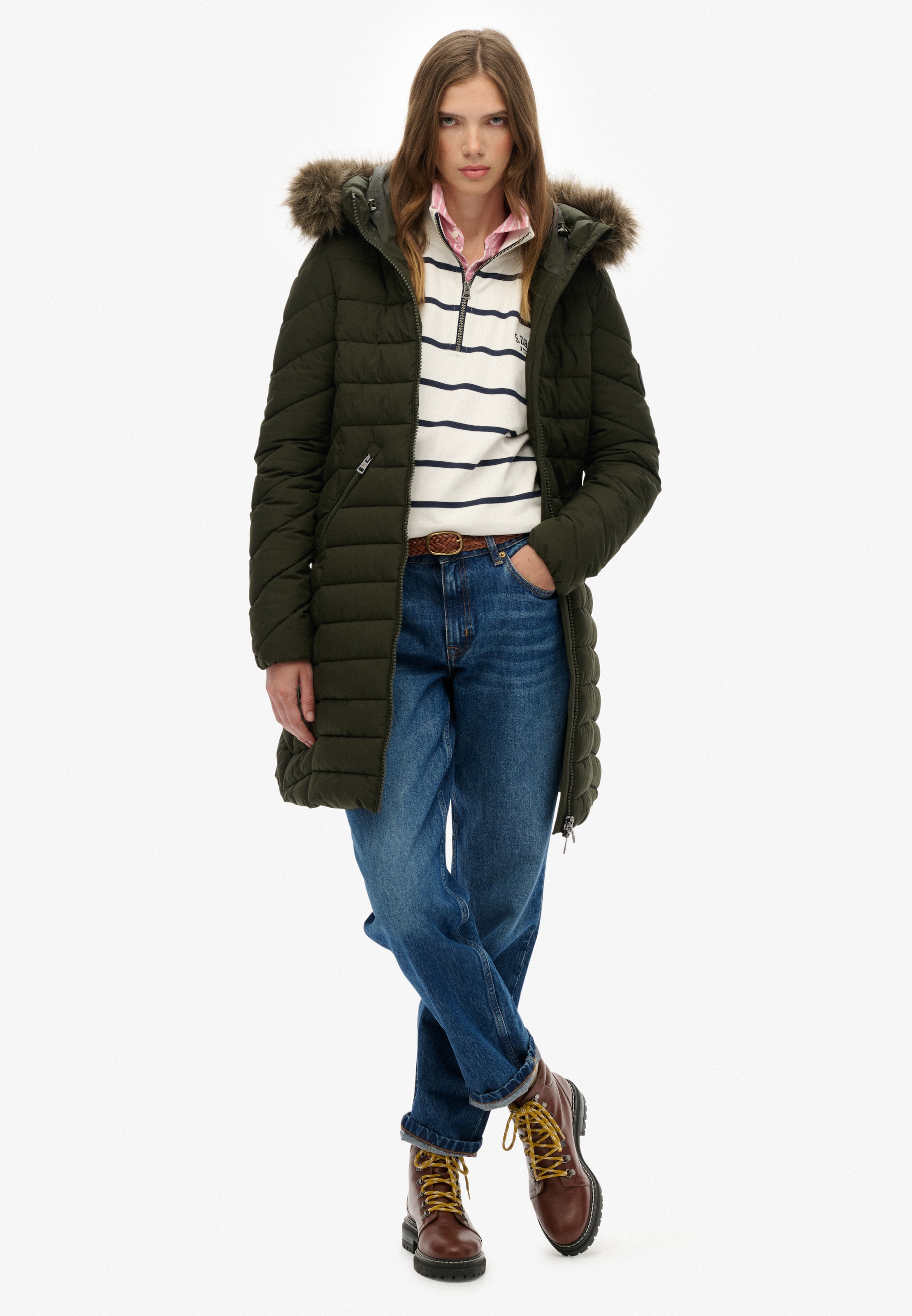 Superdry Steppjacke »FUJI FAUX FUR HOOD MID LENGTH« mit Kapuze