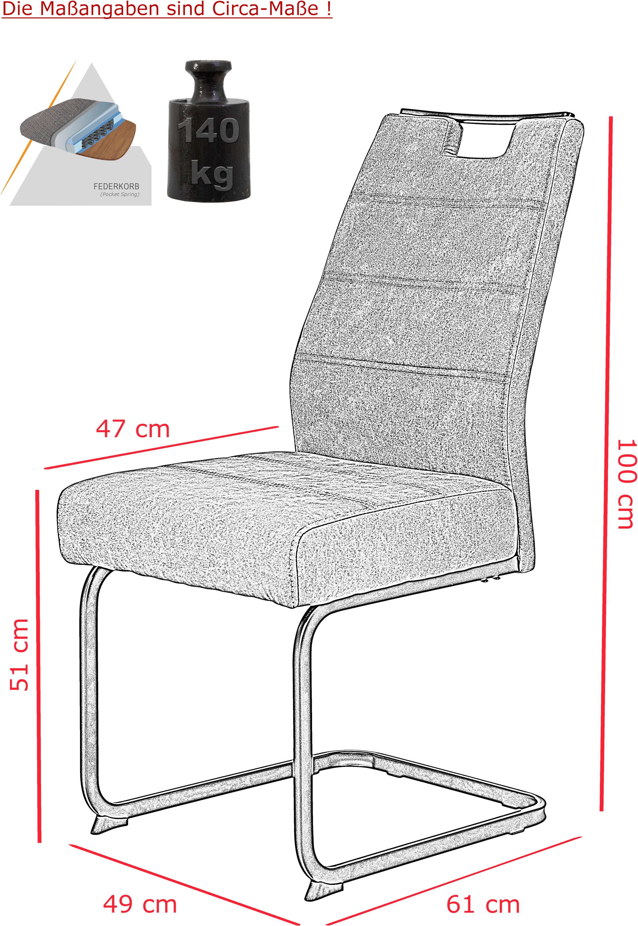 HELA Freischwinger »KERTIN« (Set) 2 Stk.XL Sitzbreite, Griff, Federkorb, 140kg belastbar