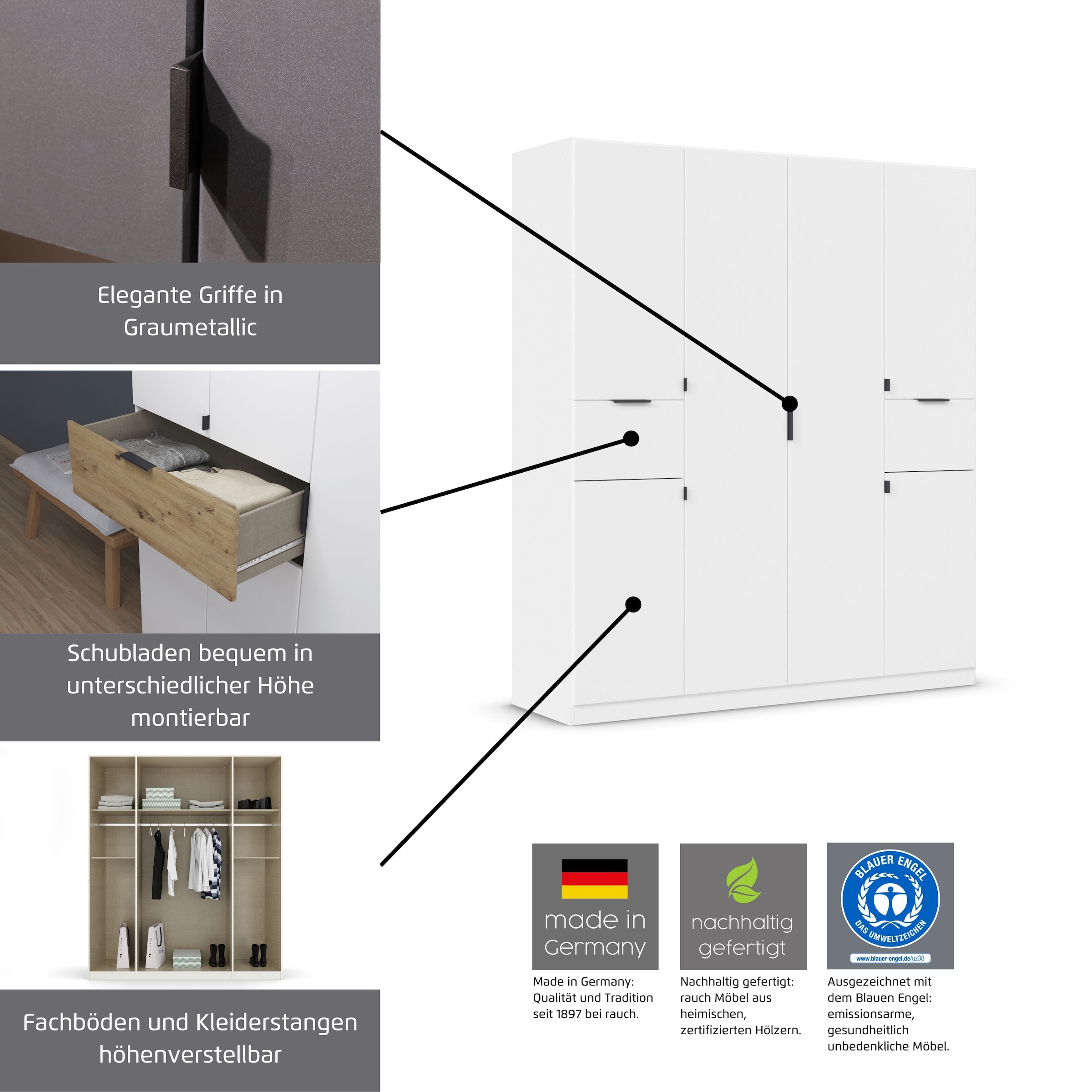 rauch Armoire à portes battantes »Kleiderschrank Schrank Garderobe Wäscheschrank TICAO« Tiroirs positionnables en hauteur de manière variable,  avec 2 tiroirs spacieux, beaucoup de rangement MADE IN GERMANY