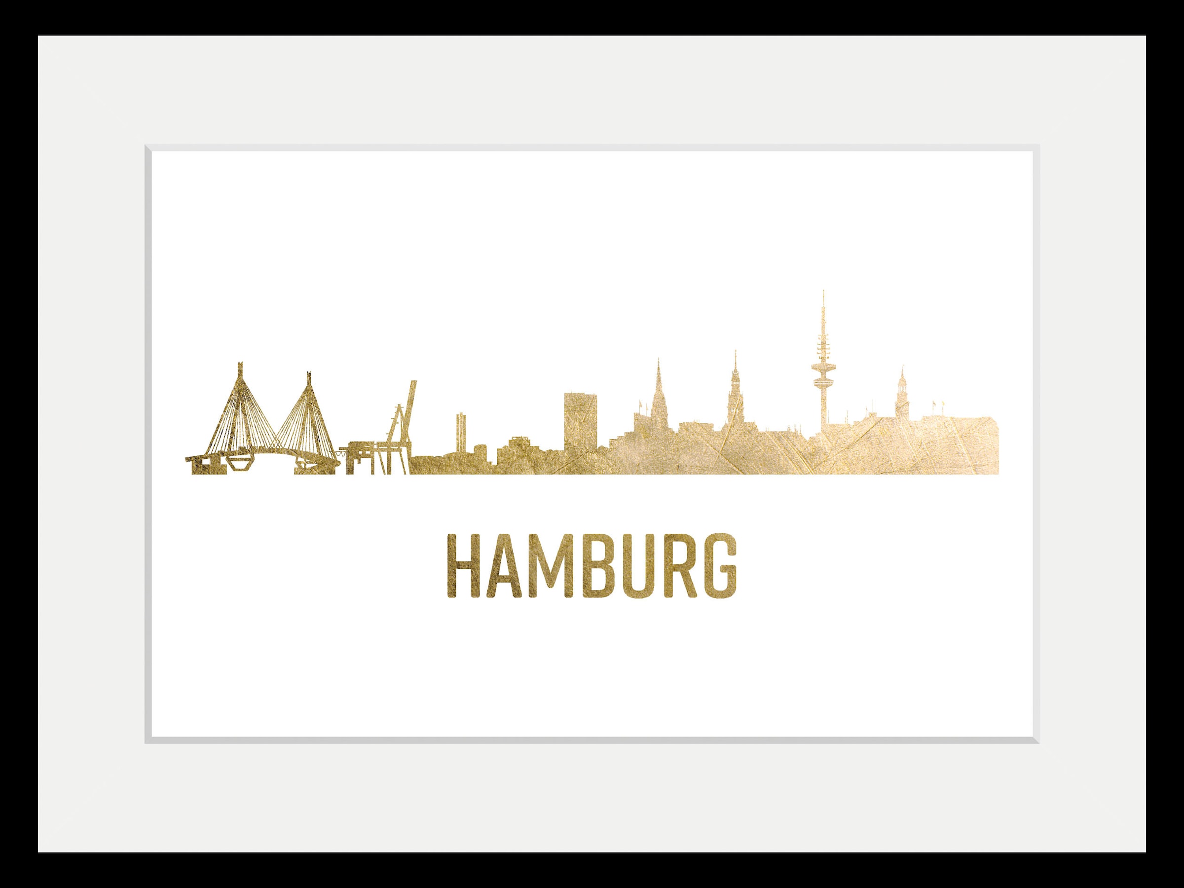 queence Bild »Hamburg Skyline GOLD« Deutschland | Hamburg | Schriftzug | Stadt | Städte 1 Stk. tlg. HD Premium Poster-Druck inkl. Holzrahmen