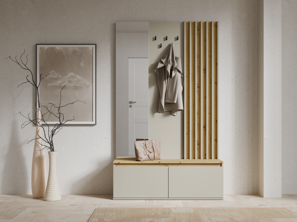 Home affaire Panneau de vestiaire »LANDUVA Garderobe mit Schuhschrank, Spiegel und Haken, Breite 120 cm« Ensemble de vestiaire, vestiaire compact, avec banc, design à lamelles