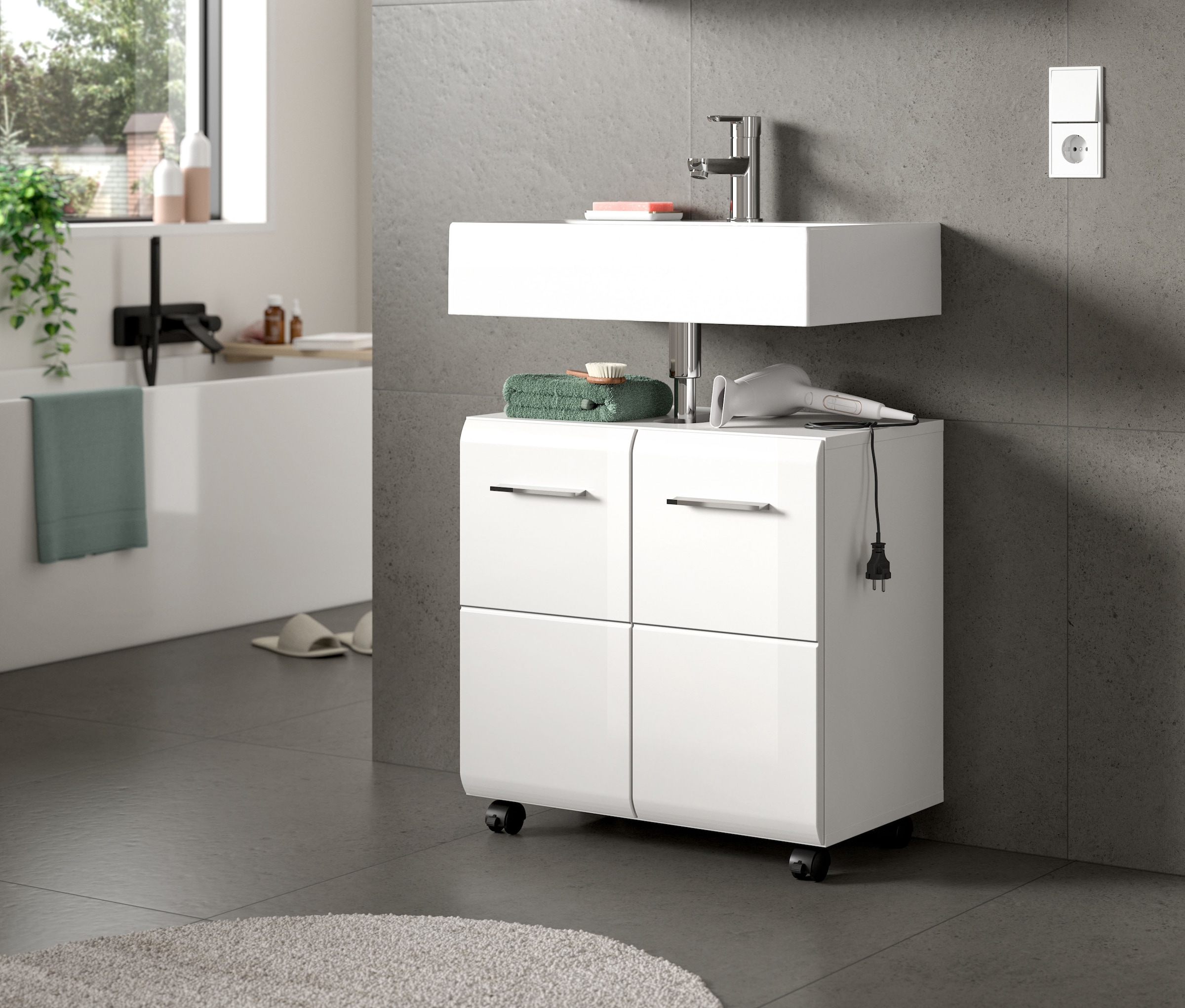welltime Waschbeckenunterschrank »FLORENZ,  Breite 60cm, inkl. Siphonausschnitt, mit Türen oder Schüben« TOPSELLER!,  hochwertige MDF Front, Griff schwarz, Badschrank, Bad